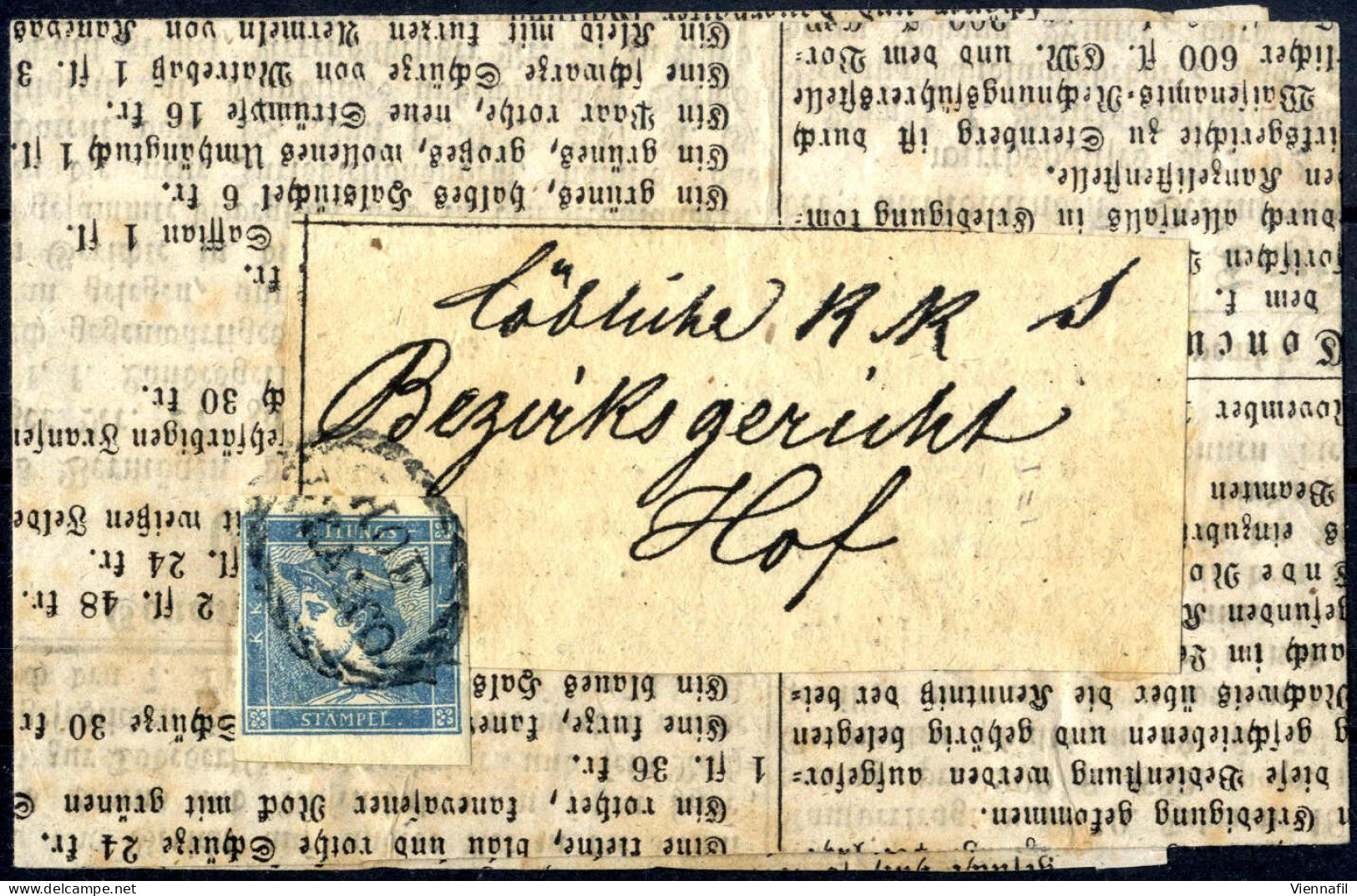 Cover 1851, Blauer Merkur 0,6 Kreuzer In Type IIc Auf Kompletter Schleife Entwertet Mit Dem Zierovalstempel HOF / FRANCO - Journaux