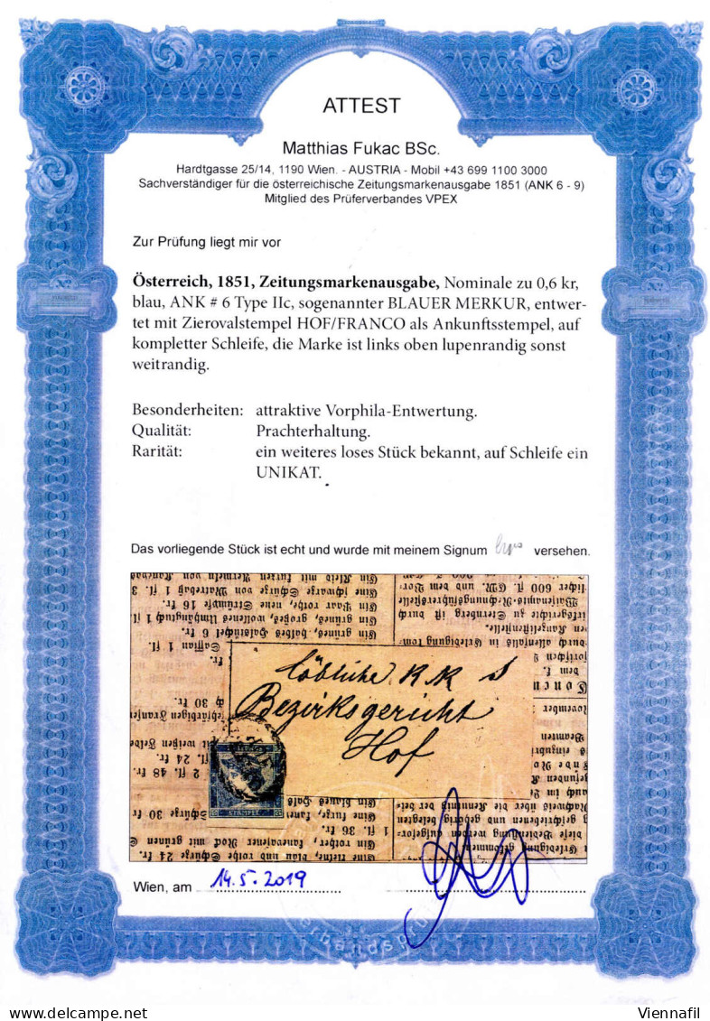 Cover 1851, Blauer Merkur 0,6 Kreuzer In Type IIc Auf Kompletter Schleife Entwertet Mit Dem Zierovalstempel HOF / FRANCO - Newspapers