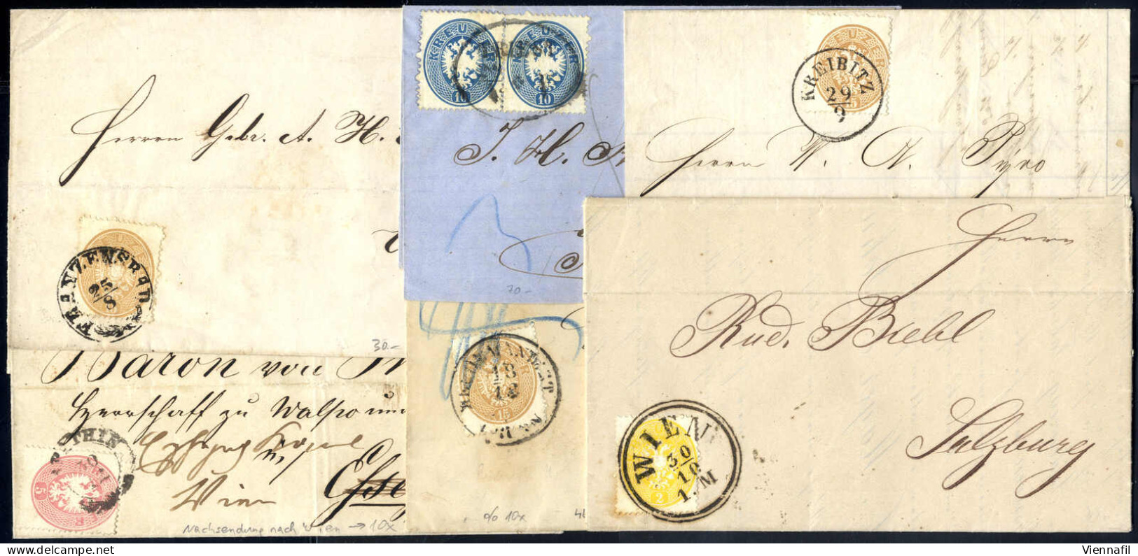 Cover 1863/64, Sechs Briefe, Frankiert Mit 2 Kr., 5 Kr. (Nachsende), Paar 10 Kr. Und Drei Mal 15 Kr. (einer Eingeschrieb - Other & Unclassified