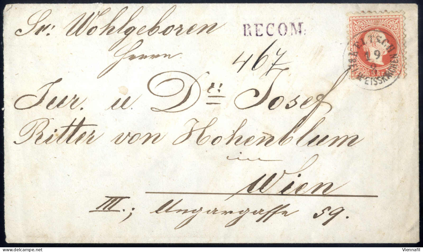 Cover 1867, Reko Brief Von Keltsch Bei Weissenkirchen Vom 19.8 Nach Wien, Frankiert Mit 3 Stück 5Kreuzer, ANK 37I - Autres & Non Classés