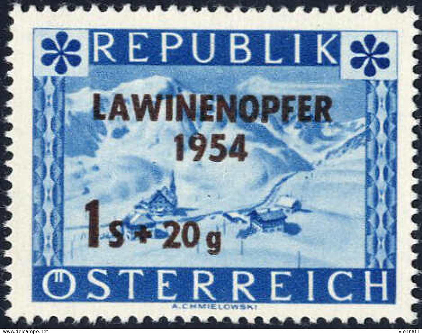 ** 1954, Lawinenopfer, Gezähnte Einzelprobe Mit Braunem Aufdruck, Postfrisch, ANK 1007 P IV / 5000.- Für (*) - Otros & Sin Clasificación