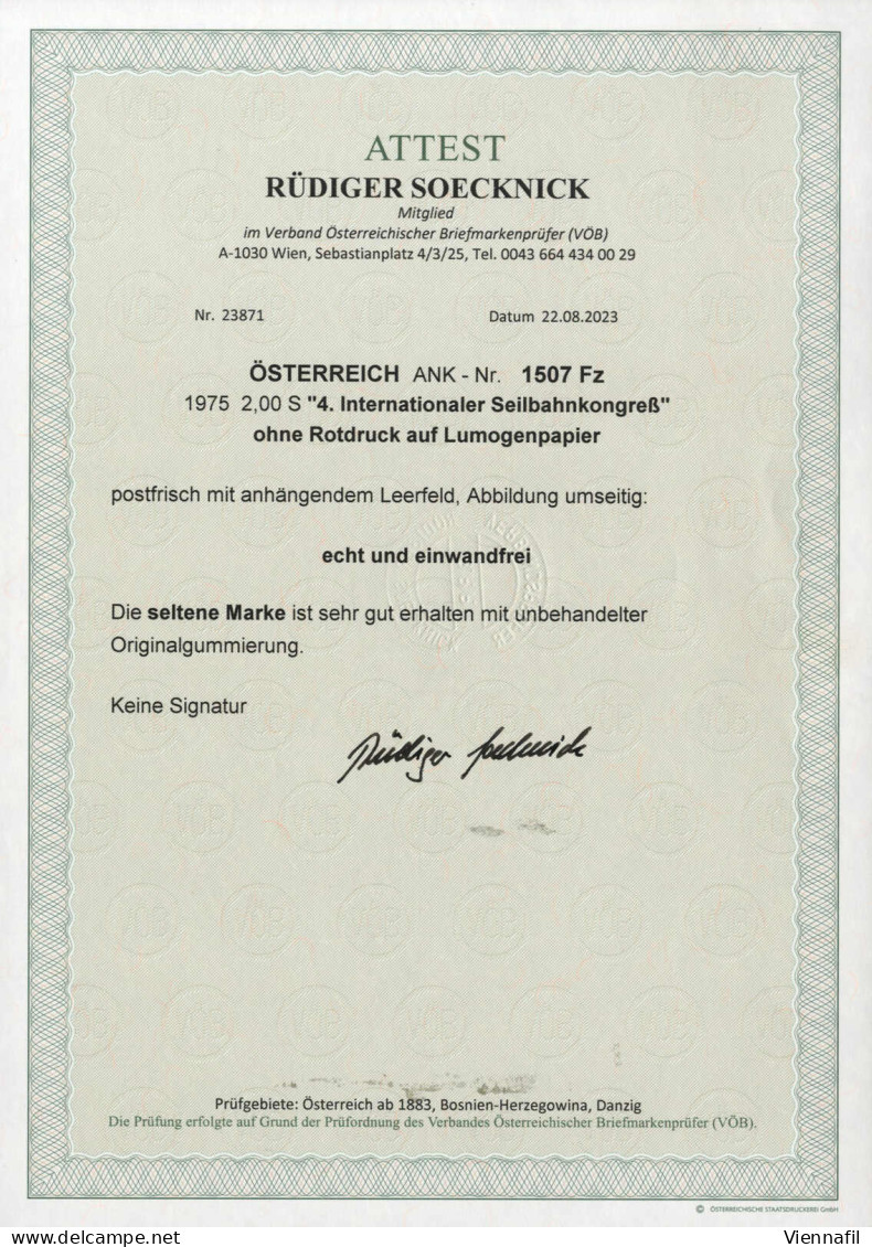 ** 1975, 4. Internationaler Seilbahnkongress, 2 S Ohne Rotdruck Auf Lumogenpapier Postfrisches Oberrandstück, Attest Soe - Autres & Non Classés