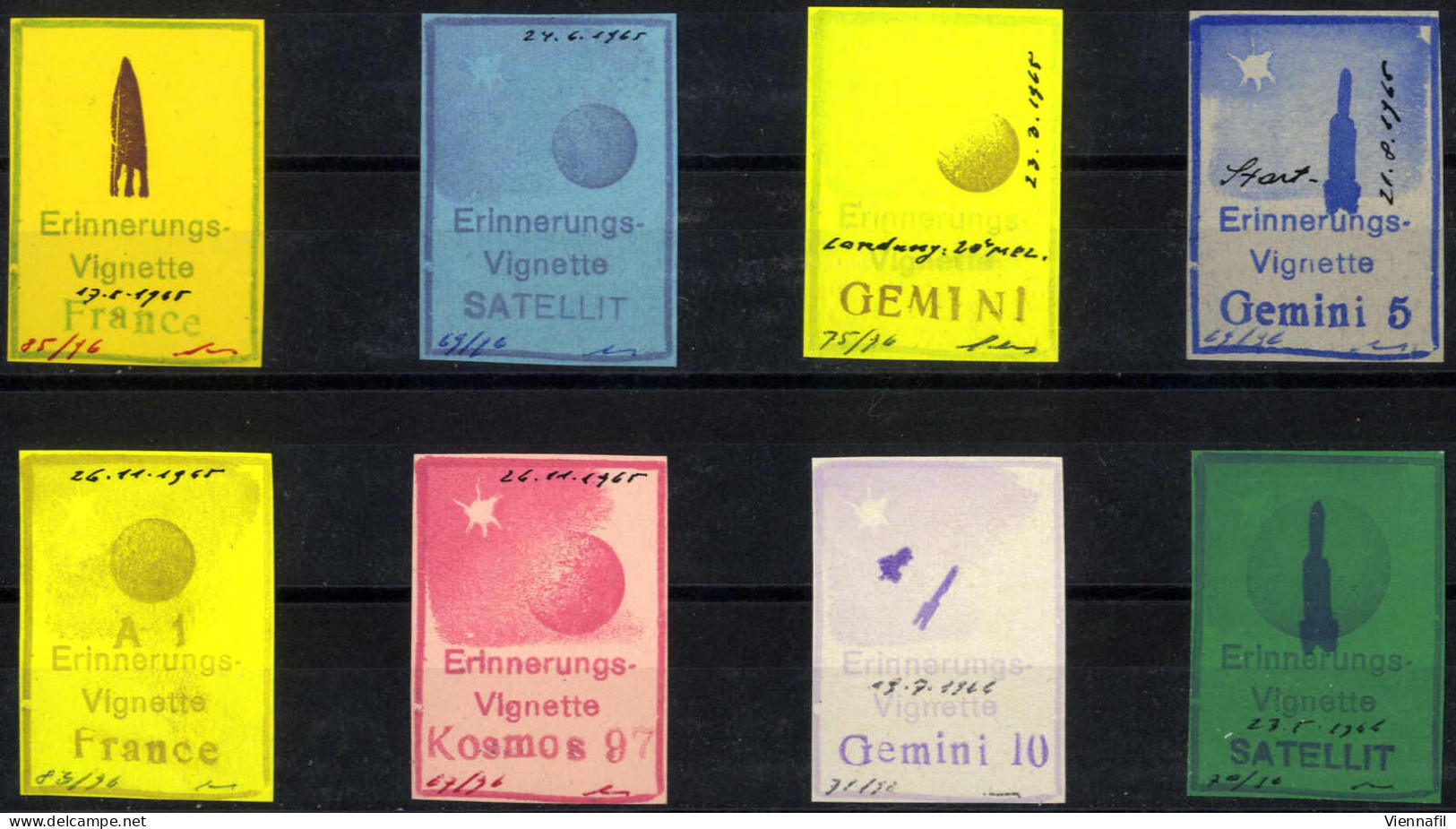 ** 1931/1966, Schmiedl Raketenpost, kleine Zusammenstellung von 7 Marken (1 gebraucht) 4 Reco-Vignetten und 40 verschied