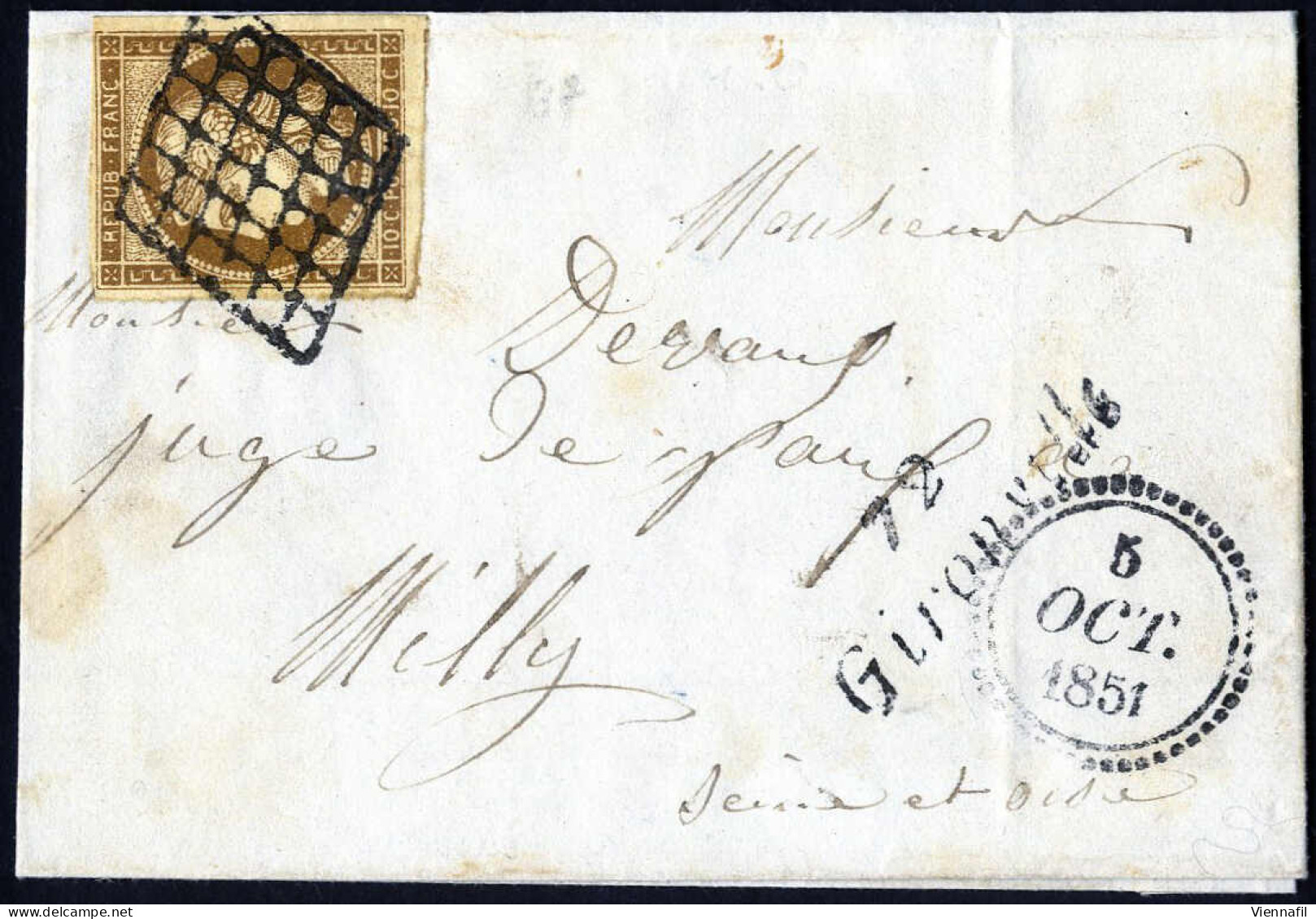 Cover 1851, Lettre Du 5.10.1851 De Gironville à Milly, Affranchie Avec Cérès 10 C. Bistre-brun, Une Bonne Et Trois Large - Autres & Non Classés