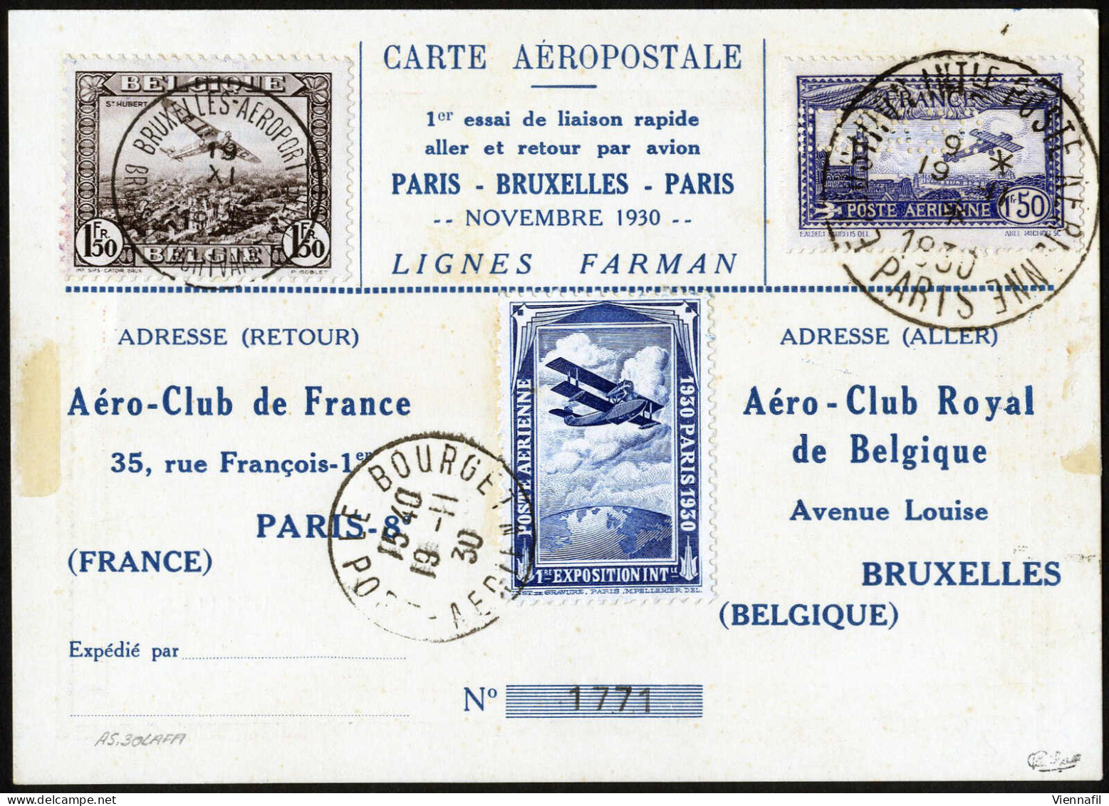 Cover 1930, Carte Aéropostale Du 19.11.1930 De Paris à Bruxelles Et Retour, Affranchie Avec 1 F, 50 Outremer "EIPA30" Et - Otros & Sin Clasificación