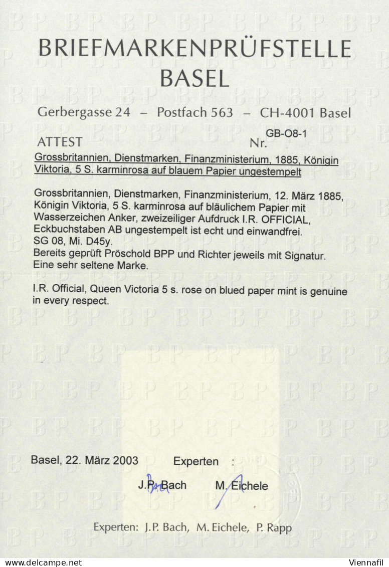 **/* 1845, 5 S. Rose On Blued Paper Lettered AB, Wmk. Anchor, With Overpint "I. R. OFFICIAL", Raised Stop After "R", Ful - Sonstige & Ohne Zuordnung