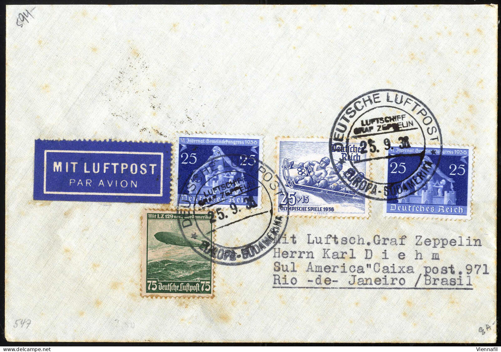 cover 1936, LZ. 127, 8 Briefe und eine Karte der 3., 4., 6., 8., 13., 14., 15. und 17. Südamerikafahrt je mit deutscher 