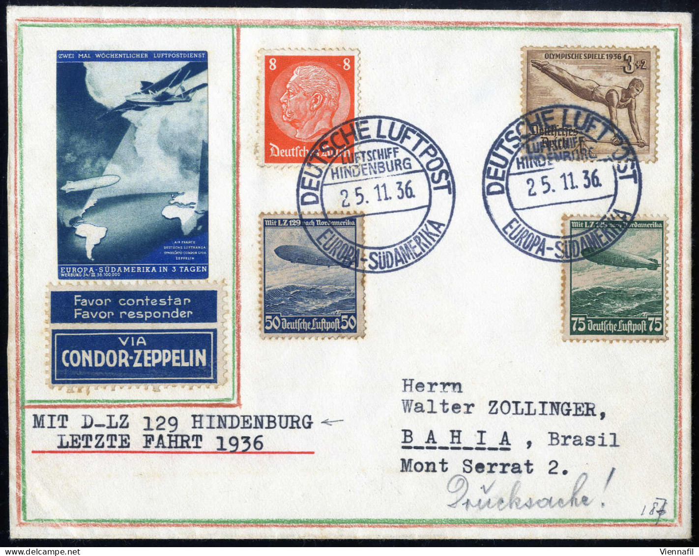 Cover 1936, LZ. 129, (1., 9., 12., 20. Und 20. Südamerikafahrt), 4 Briefe Und 1 Karte Der Olympiafahrt, Drei Nach Bahia, - Autres & Non Classés