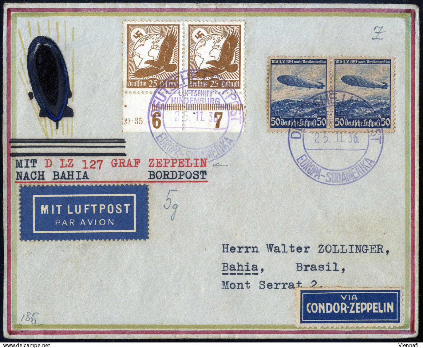 Cover 1936, LZ. 129, (1., 9., 12., 20. Und 20. Südamerikafahrt), 4 Briefe Und 1 Karte Der Olympiafahrt, Drei Nach Bahia, - Autres & Non Classés