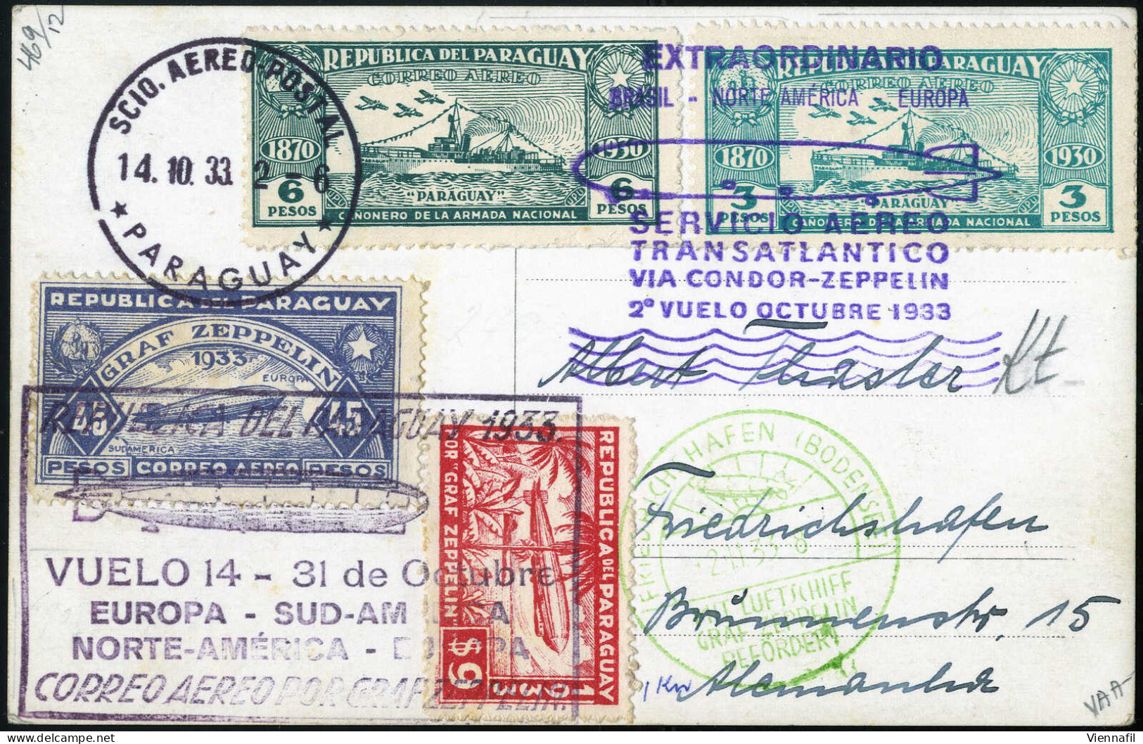 Cover 1933, "Chicagofahrt 1933", Zeppelinkarte Und Eingeschriebener Brief Von Paraguay Nach Friedrichshafen Bzw. Frankfu - Paraguay