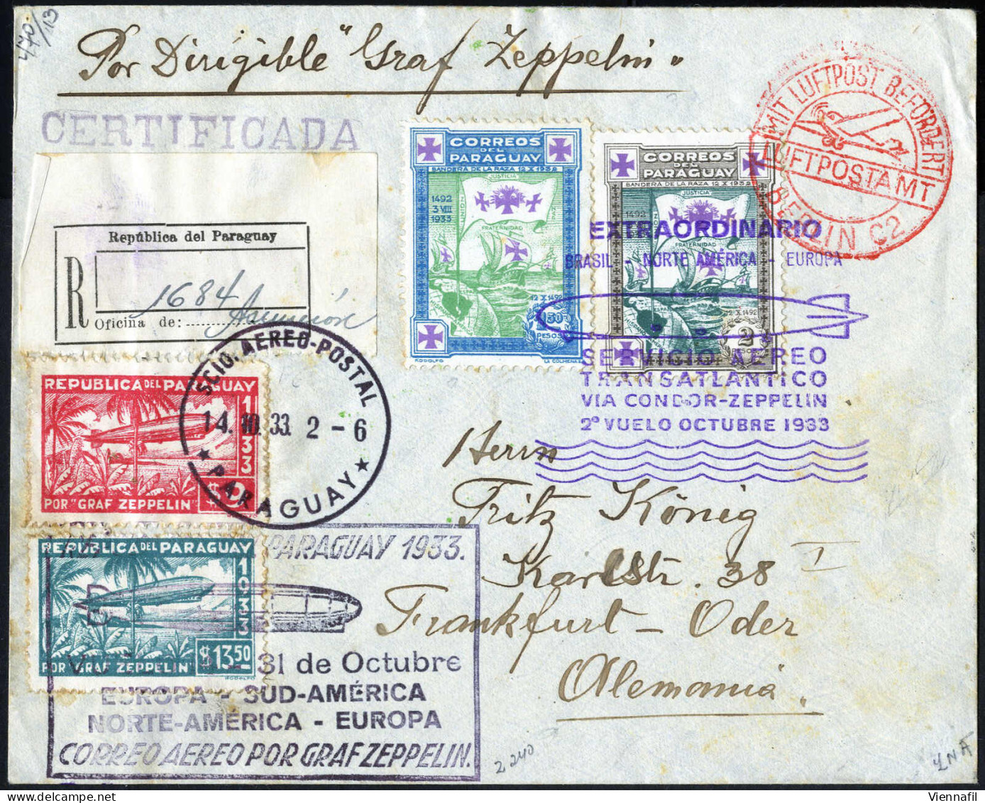 Cover 1933, "Chicagofahrt 1933", Zeppelinkarte Und Eingeschriebener Brief Von Paraguay Nach Friedrichshafen Bzw. Frankfu - Paraguay