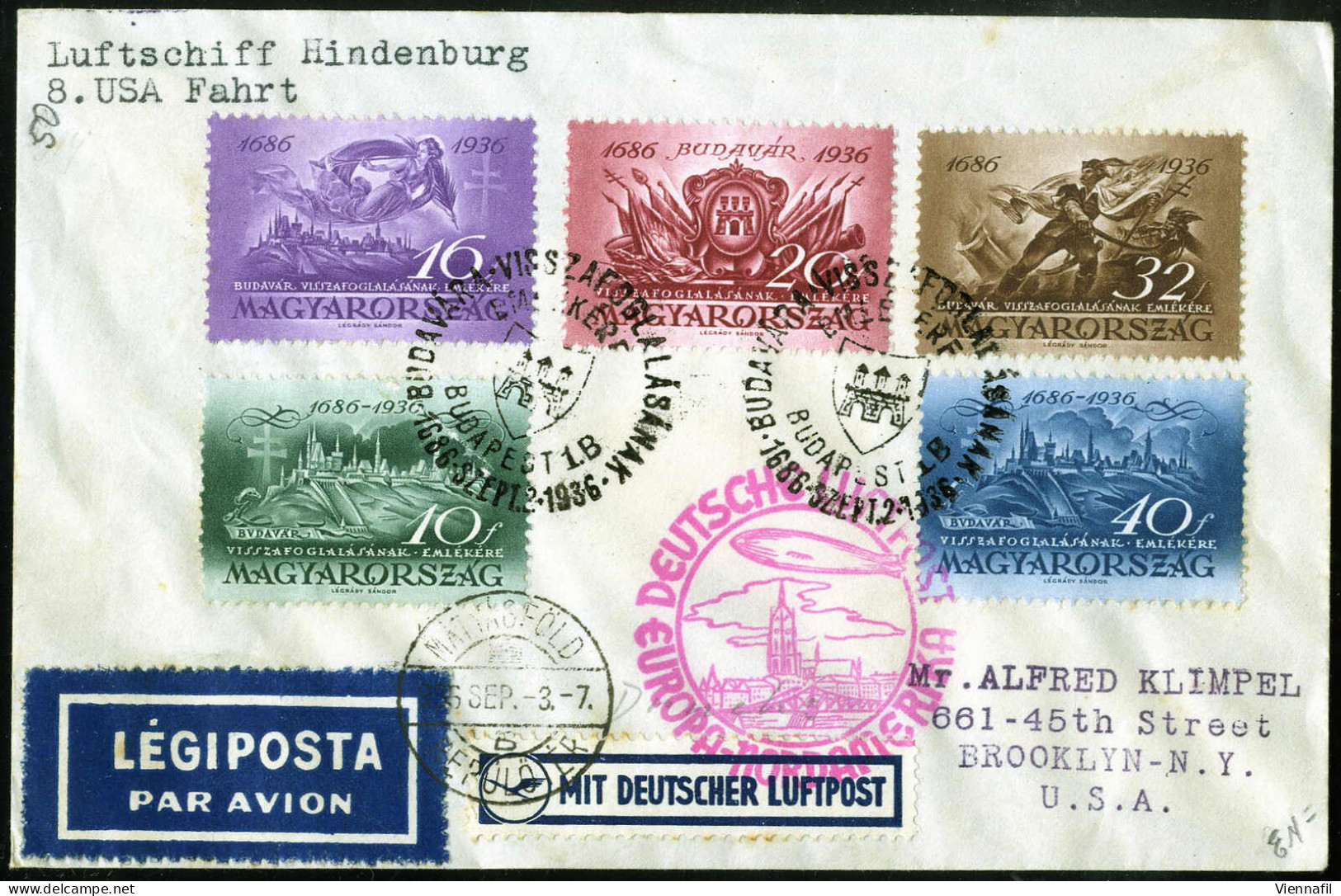 Cover 1936, "8. Nordamerikafahrt-1936", LZ 129, Brief Von Budapest Nach Brooklyn, Frankiert Mit Satz "Befreiung Von Buda - Otros & Sin Clasificación