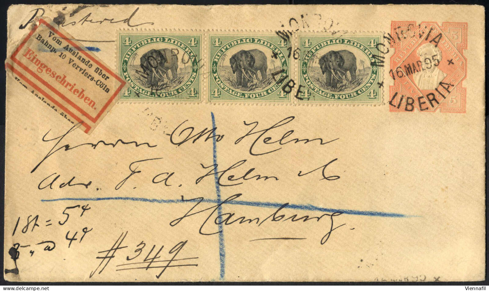 Cover 1895, Eingeschriebene Ganzsache Mit Werteindruck 5 CENTS Gelborange Mit Zusatzfrankatur Dreierstreifen 4 C. Schwar - Liberia