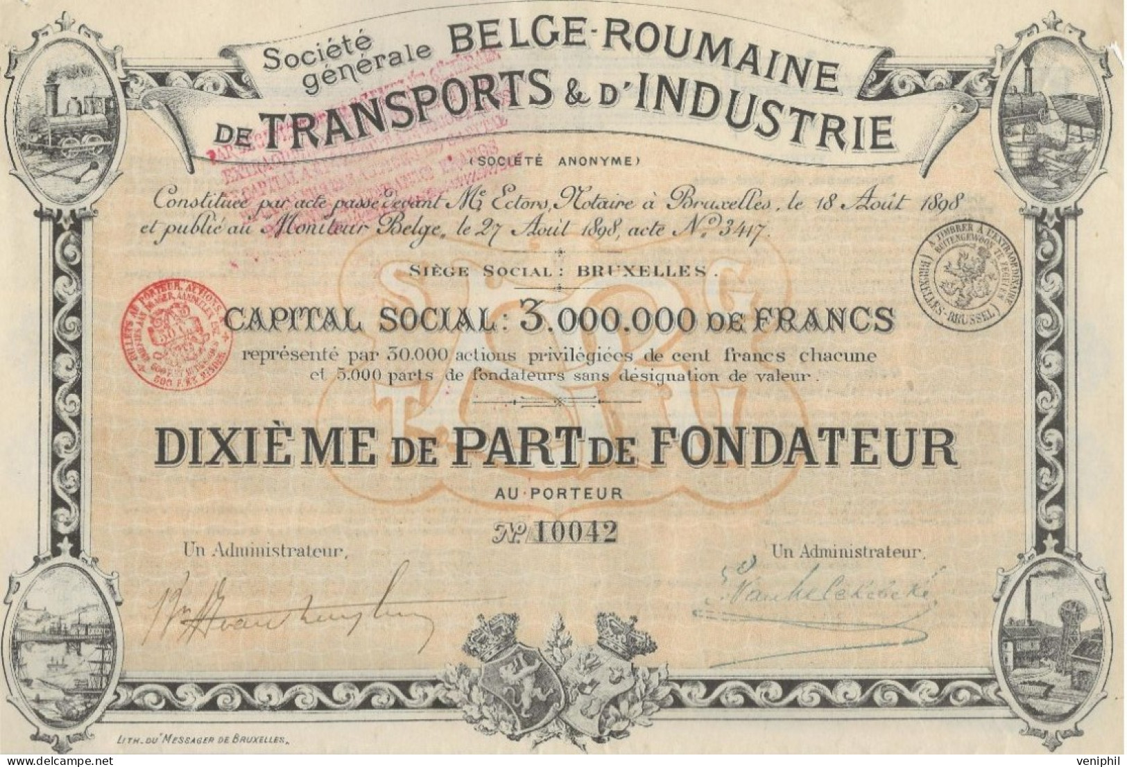 SOCIETE GENERALE BELGE -ROUMAINE DE TRANSPORTS ET D'INDUSTRIE  ANNEE 1898 - Transports