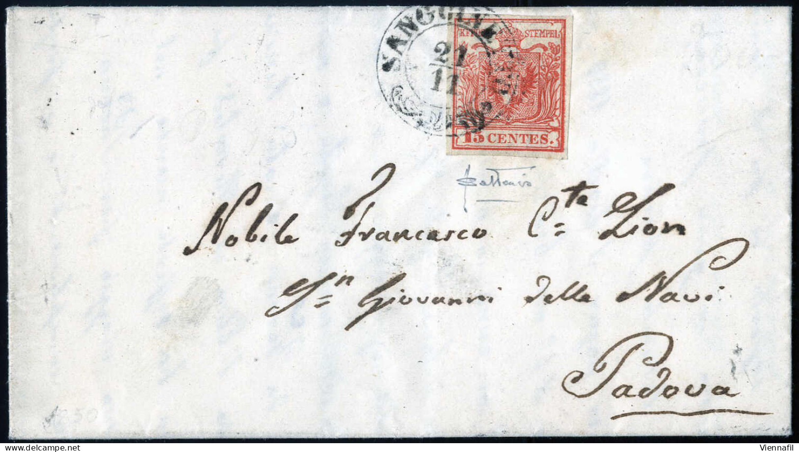 Cover 1850, Lettera Da Sanguinetto Del 21.11 Per Padova Affrancata Con 15 Cent. Rosso Carminio Vivo Carta A Mano I Tipo, - Lombardo-Venetien