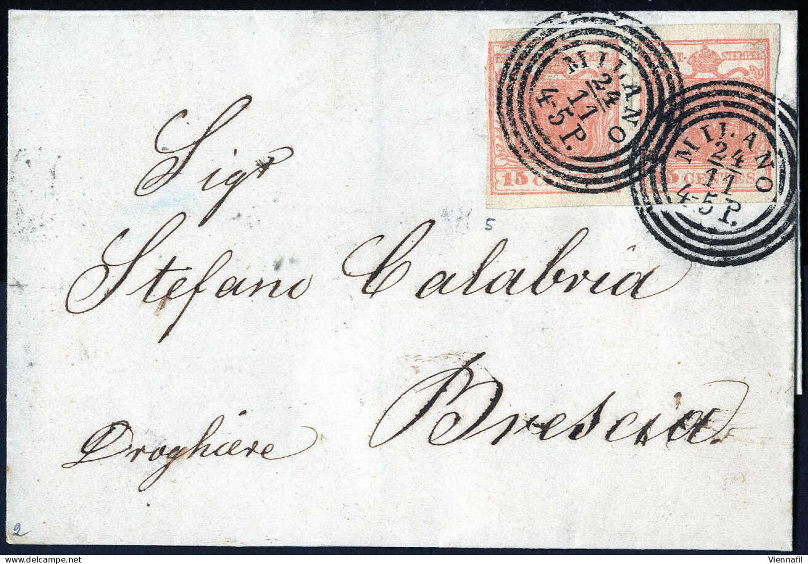 Cover 1851, Lettera Da Milano (C4 4-5 P Punti 2) Del 24.11 Per Brescia Affrancata Con Coppia 15 Cent. Rosa Carnicino II  - Lombardo-Venetien