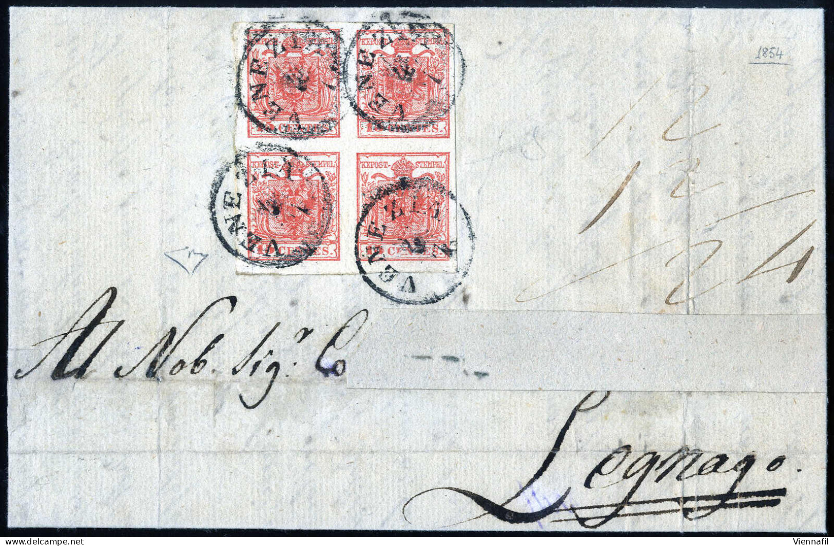 Cover/bof 1854, Involucro Di Plico Da Venezia Del 4.7 Per Legnago Affrancata Con Quartina 15 Cent. Rosso III Tipo Carta  - Lombardo-Vénétie