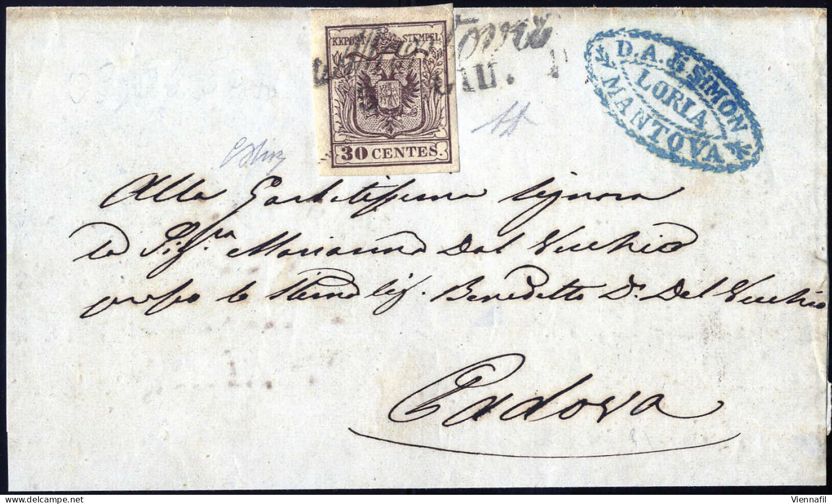 Cover 1850, Lettera Da Mantova (Cor. Punti 7) Del 3.6.1850 Terzo Giorno D'uso Per Padova Affrancata Con 30 Cent. Bruno I - Lombardy-Venetia