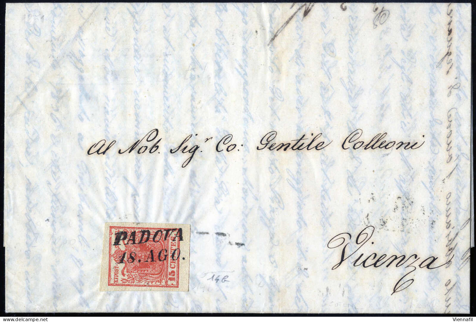 Cover 1851, Lettera Da Padova Del 18.8 Per Vicenza Affrancata Con 15 Cent. Rosso Vermiglio Intenso I Tipo Carta A Coste  - Lombardy-Venetia