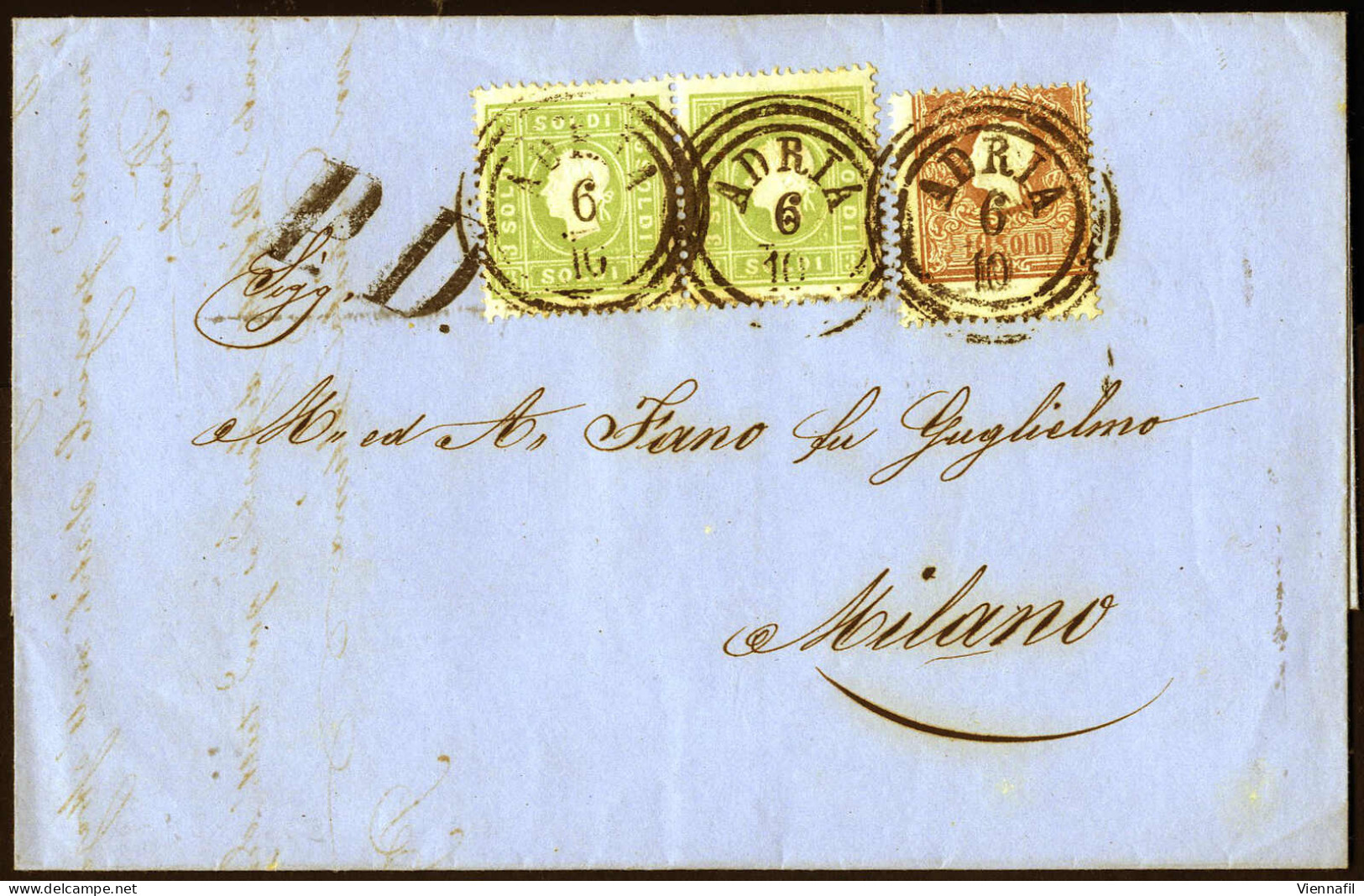 Cover 1862, Lettera Da Adria (C3 Punti 3) Del 6.10 Per Milano Affrancata Con 10 S. Bruno (dentellatura Fortemente Sposta - Lombardo-Vénétie