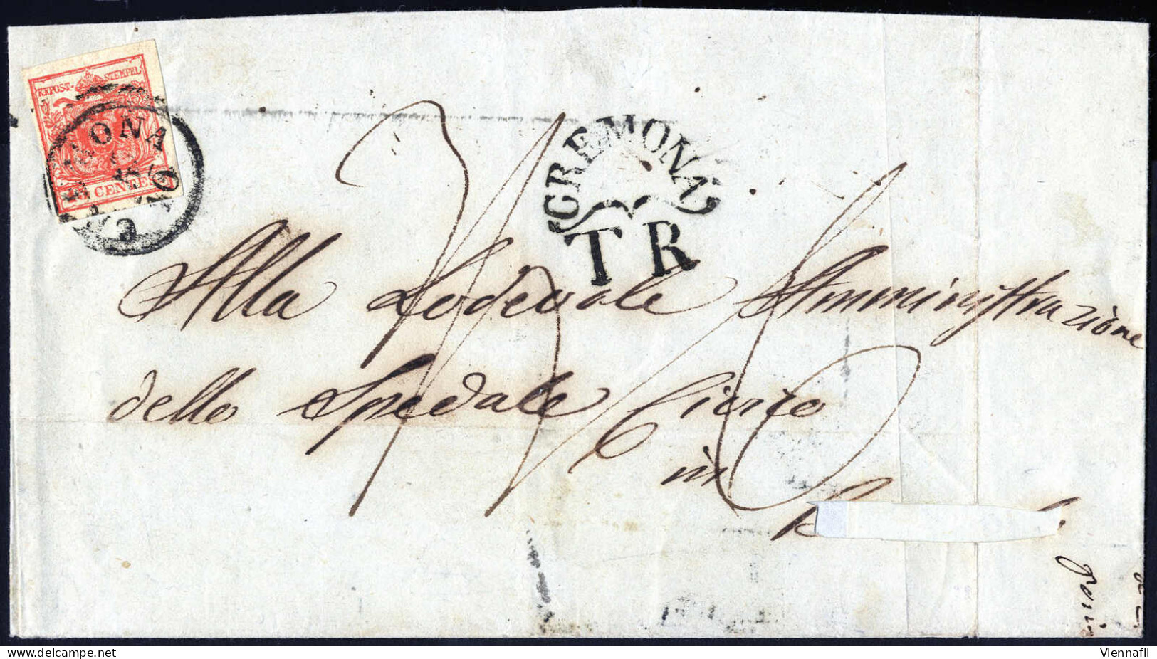 Cover Cremona T.R., (Punti 10), Lettera Del 5.10.1853 Per Pozzolo (indirizzo Ritagliato) Affrancata Con 15 Cent. Rosso I - Lombardo-Vénétie