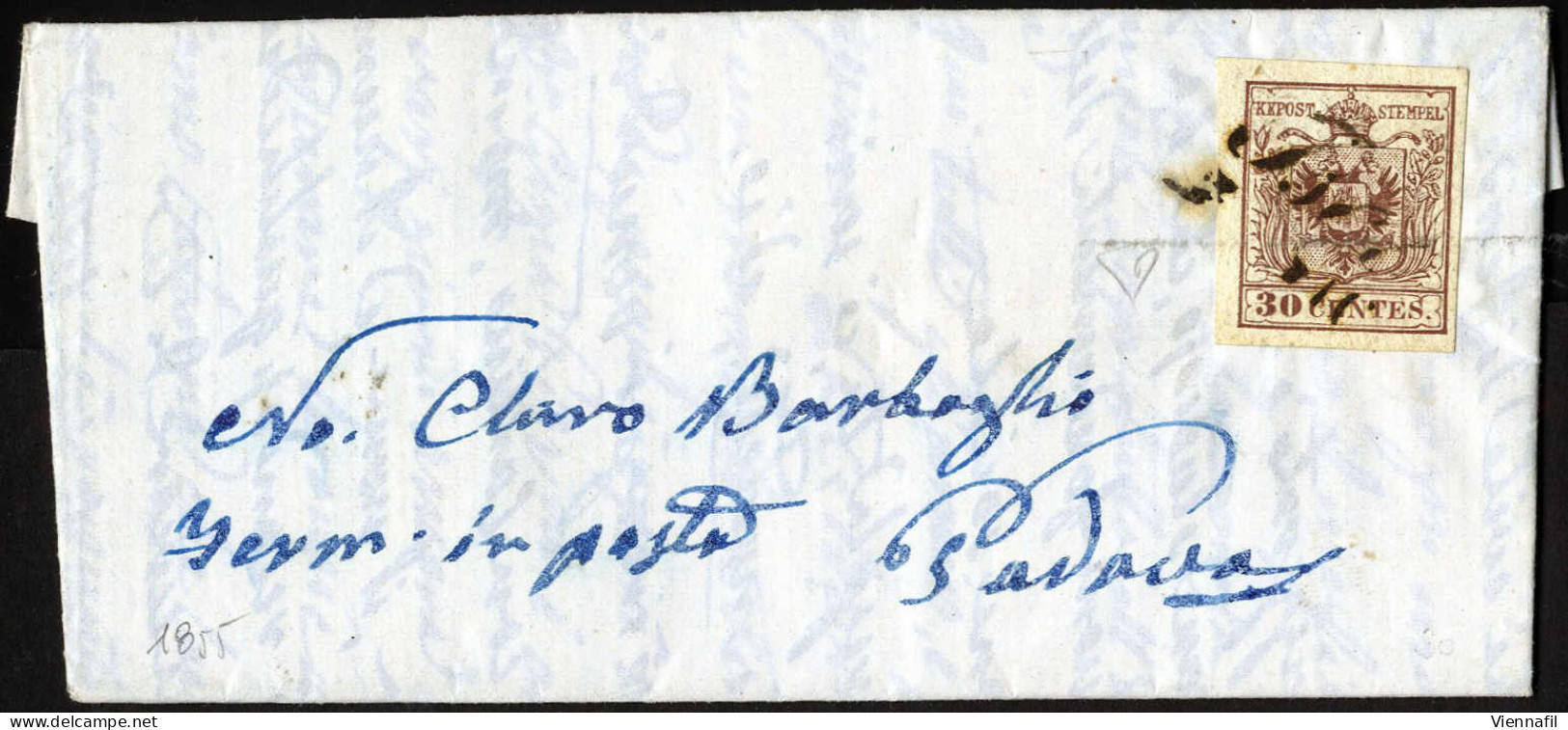 Cover Iseo, (Cor. Punti 5) Lettera Del 6.12.1855 Per Padova Affrancata Con 30 Cent. Bruno Carta A Mano, Sass. 8 / 400,- - Lombardo-Venetien