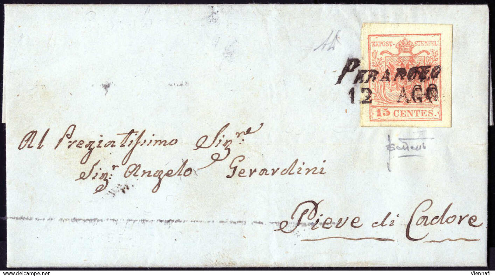 Cover Perarolo, (SI Lg. Punti 6), Lettera Del 12.8.1855 Per Pieve Di Cadore Affrancta Con 15 Cent. Rosso III Tipo Carta  - Lombardo-Venetien