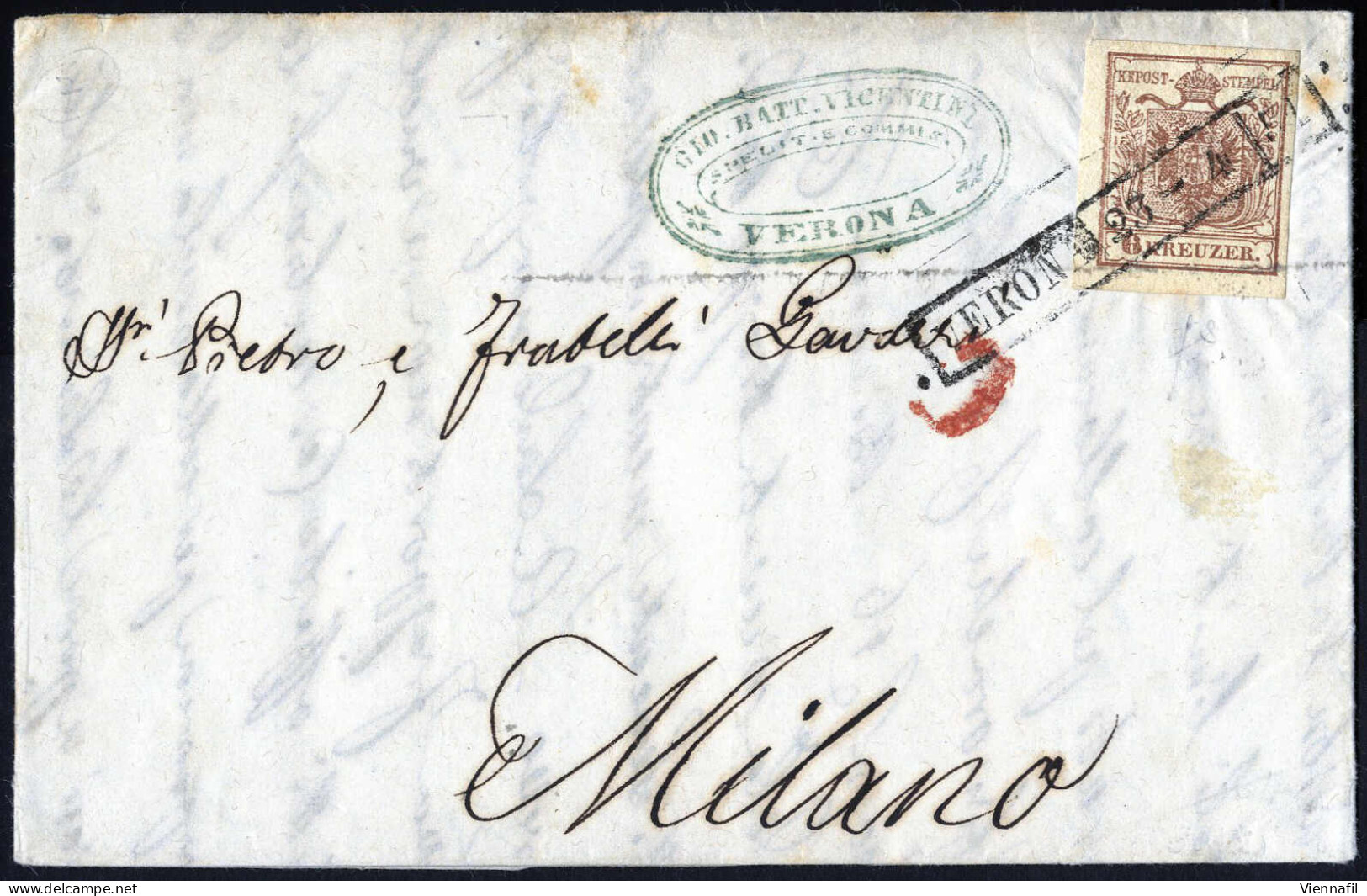 Cover Verona, (R51 Punti 9) Lettera Del 23.4 Per Milano Affrancata Con 6 Kreuzer Bruno Carta A Mano, Sass. 2350,- Brief  - Lombardo-Vénétie