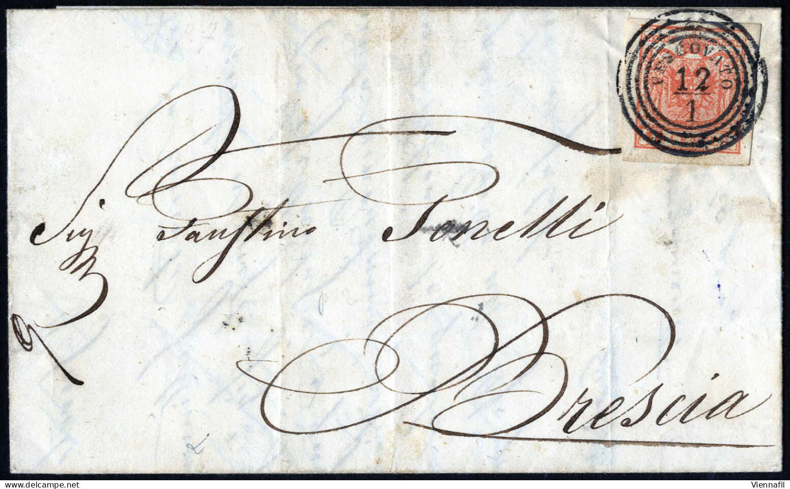 Cover Vescovato, (C4 Punti 8), Lettera Del 12.1.1856 Per Brescia Affrancata 15 Cent. Rosso III Tipo Sass. 1200,- - Lombardo-Vénétie