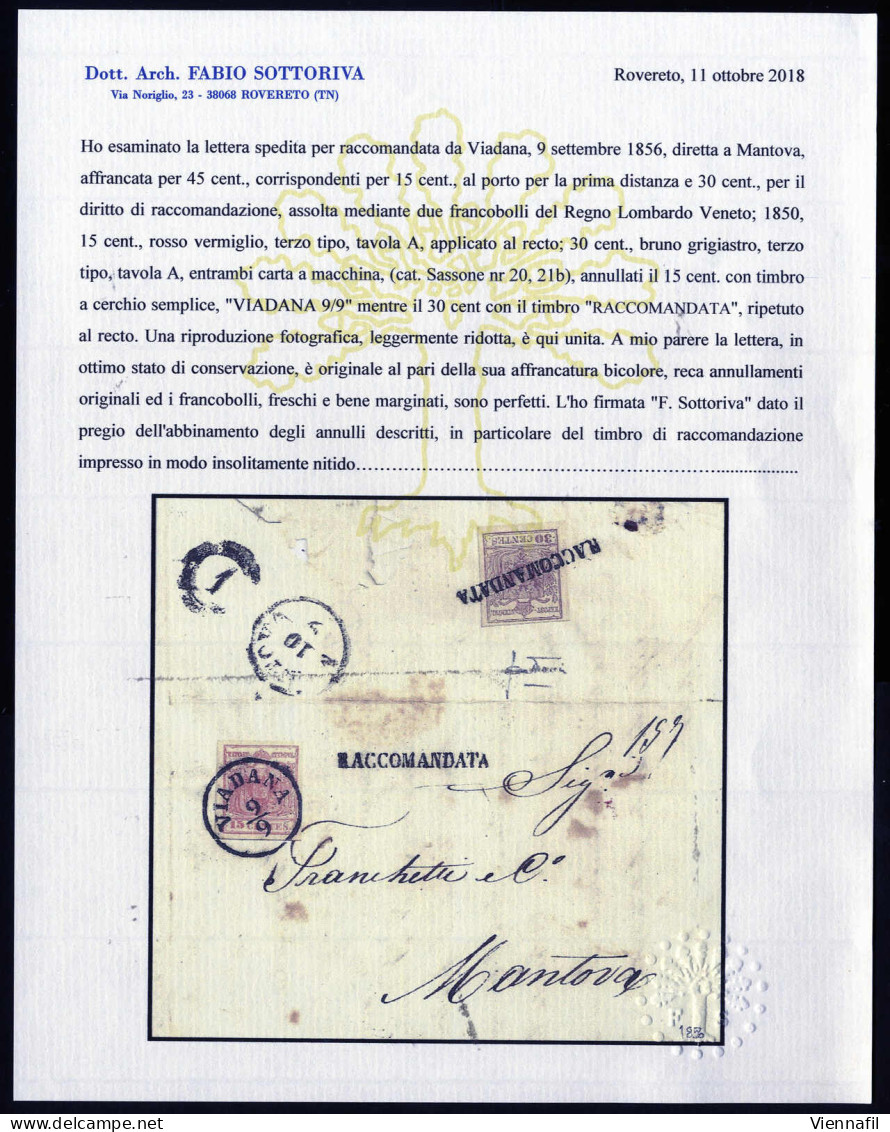 Cover Viadana, (C1 + RACC. Punti 4+10), Lettera Raccomandata Del 9.9.1856 Per Mantova Affrancata Con 15 Cent. Rosso Verm - Lombardo-Vénétie