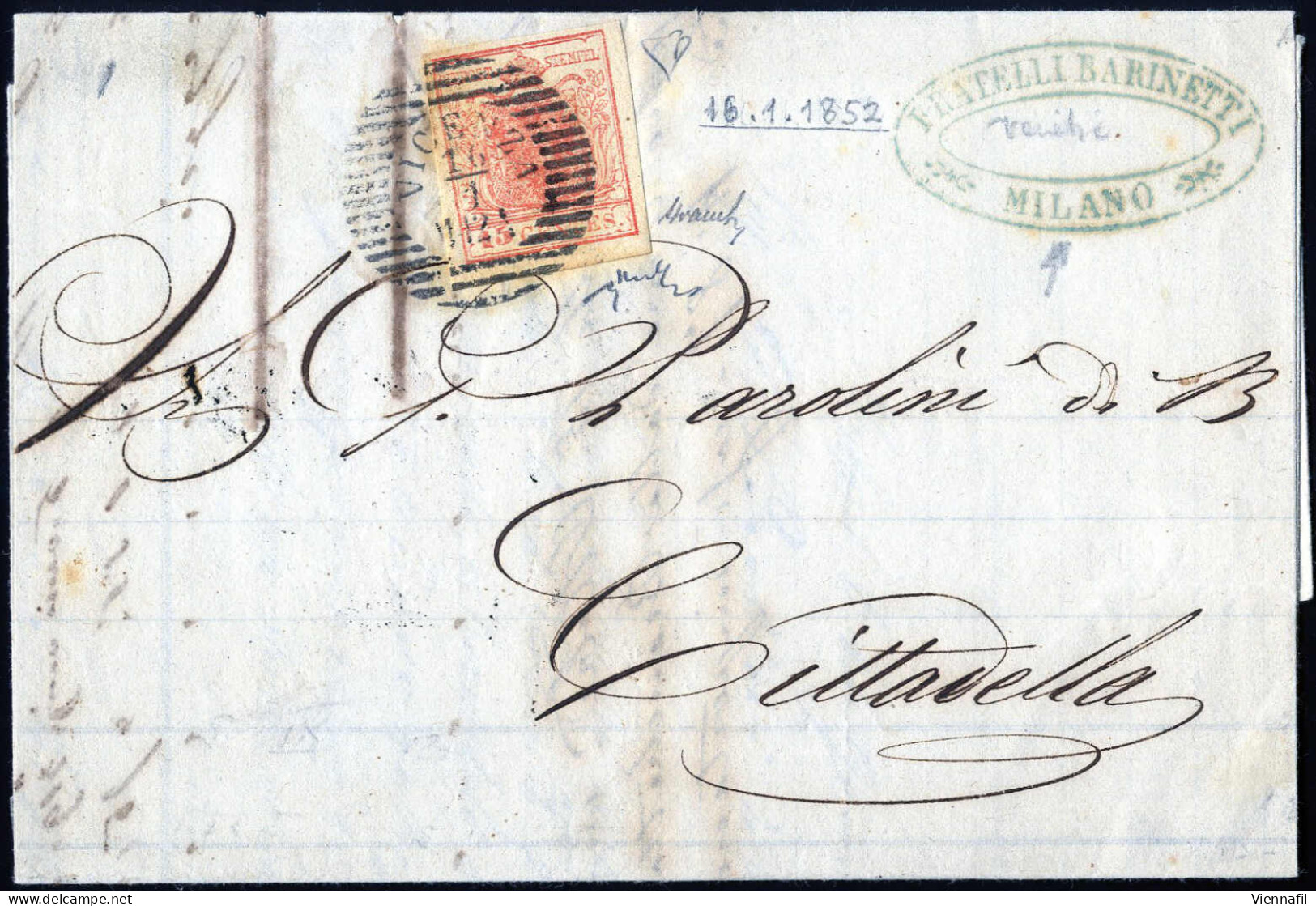 Cover Vicenza, (LOV 11-12 A Punti 9) Lettera Del 16.1.1852 Per Cittadella Affrancata Con 15 Cent. Rosso II Tipo Carta A  - Lombardo-Vénétie