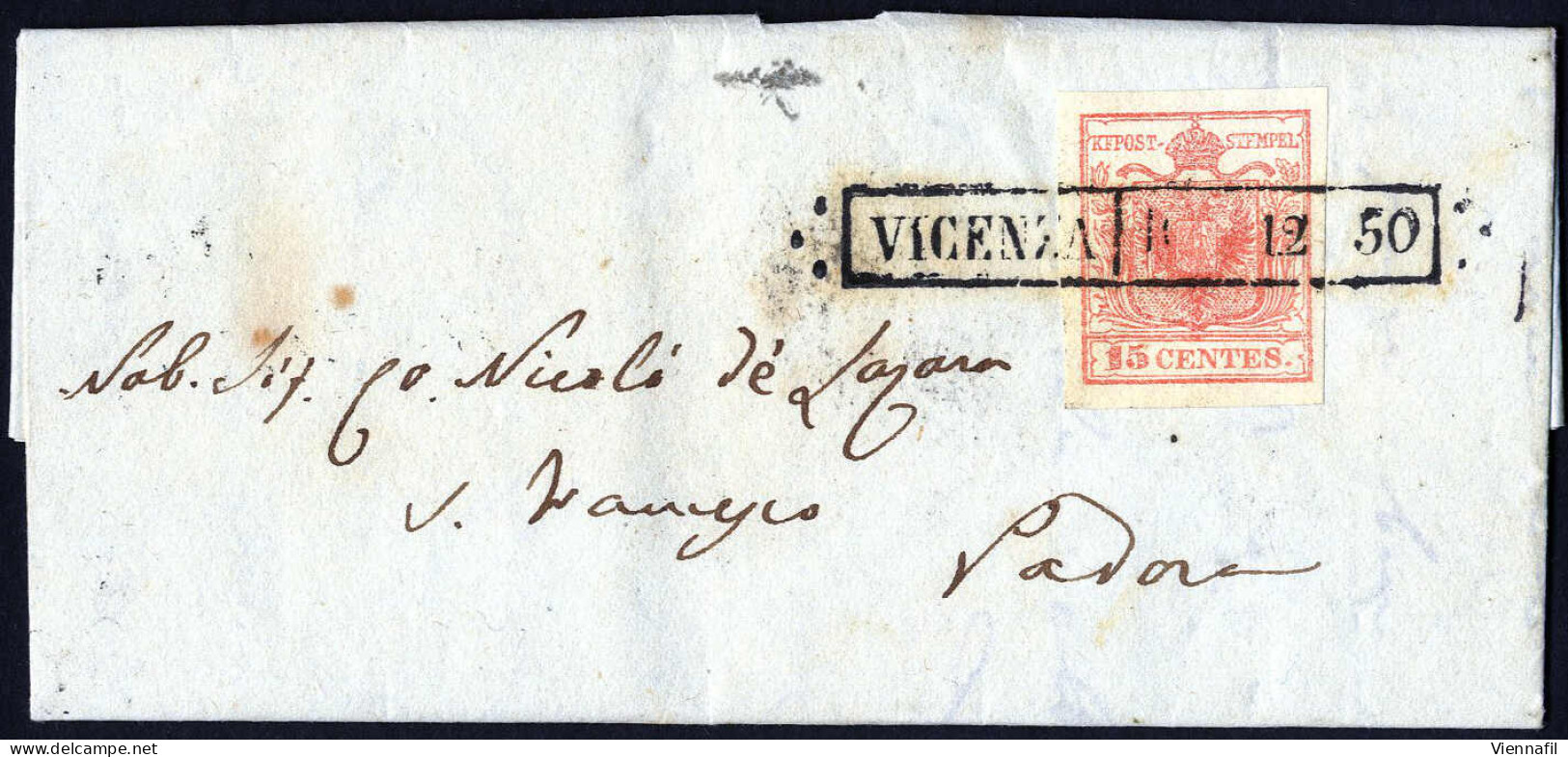 Cover Vicenza, (R50 Punti 6), Lettera Del 10.12 Per Padova Affrancata 15 Cent. Rosso I Tipo Carta A Mano, Sass. 3 / 660, - Lombardo-Vénétie
