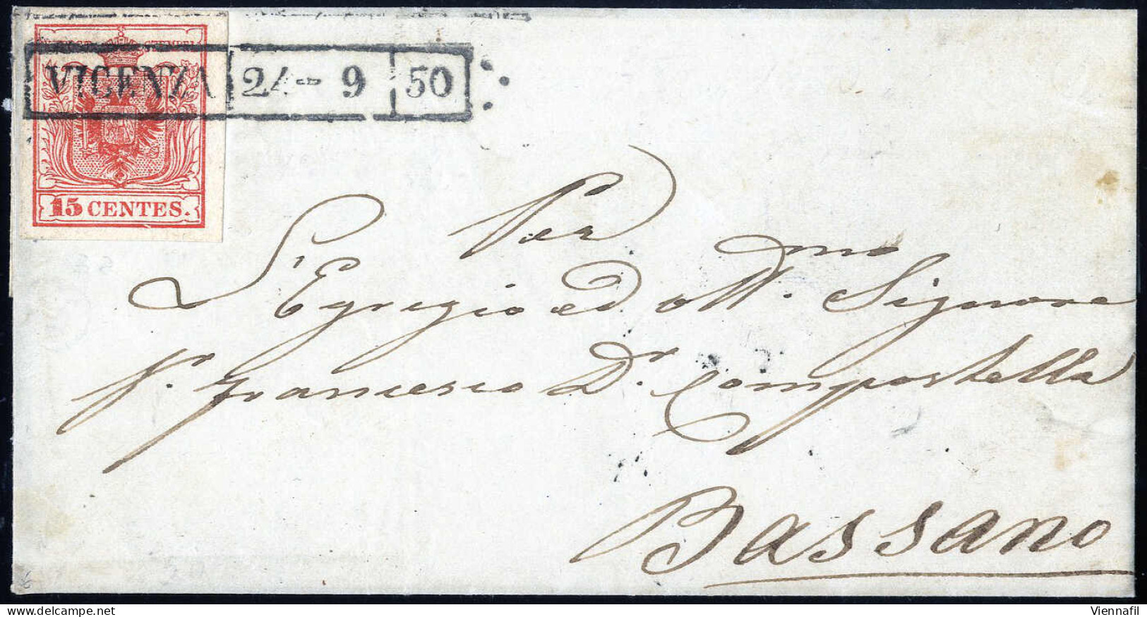 Cover Vicenza, (R50 Punti 6), Lettera Del 24.9 Per Bassano Affrancata 15 Cent. Rosso I Tipo Prima Tiratura Carta A Mano, - Lombardo-Vénétie