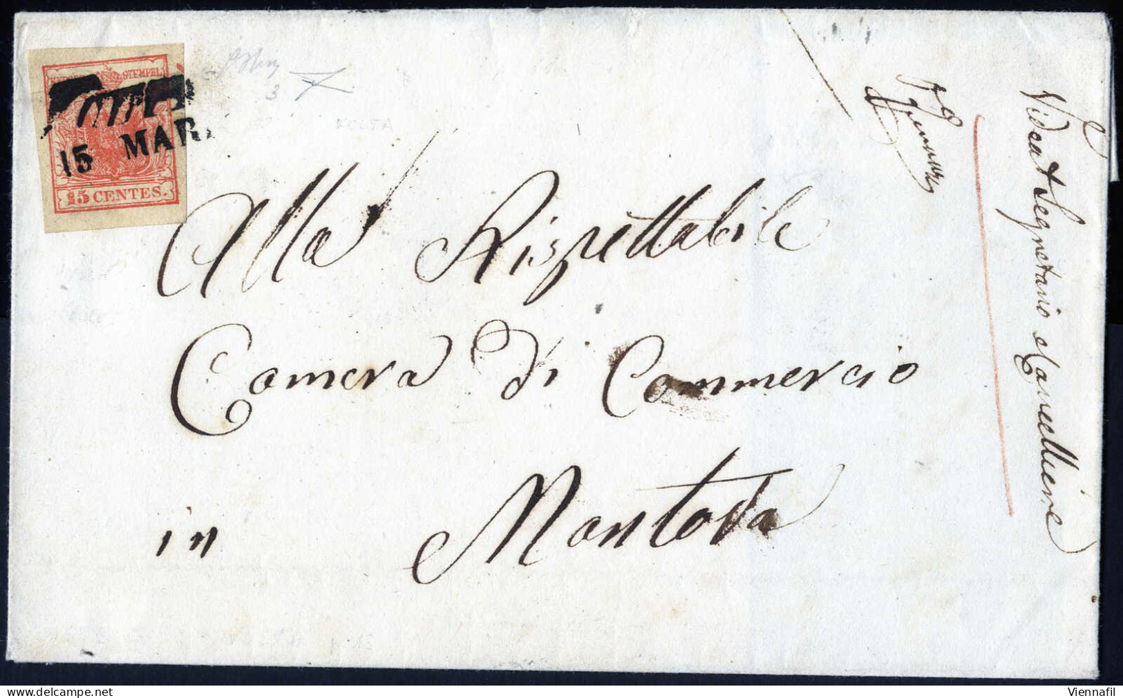 Cover Volta, (SI Lg. Punti 13) Lettera Del 15.3 Per Mantova Affrancata Con 15 Cent. Rosso Vermiglio I Tipo Carta A Mano  - Lombardo-Venetien