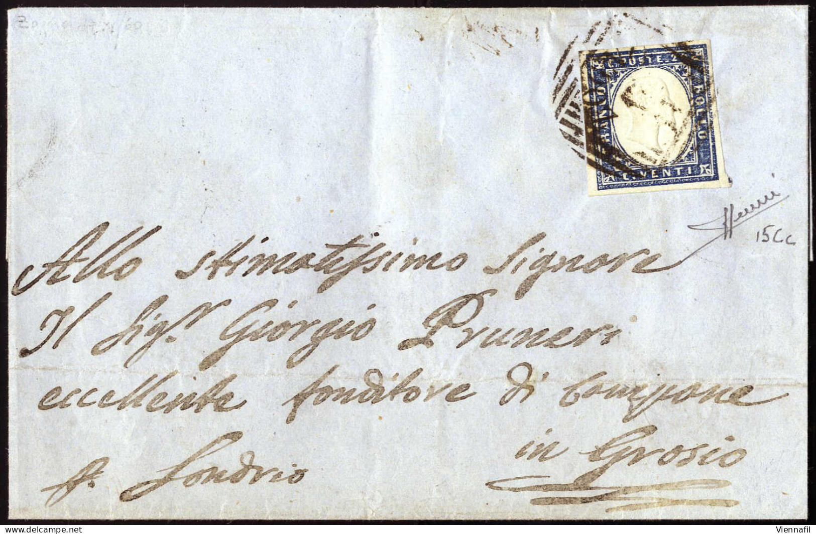 Cover Zogno, (LOV Punti 10) Lettera Del 17.11.1860 Per Grosio Affrancata Con 20 C. Azzurro Grigio IV Di Sardegna, Cert.  - Lombardo-Venetien