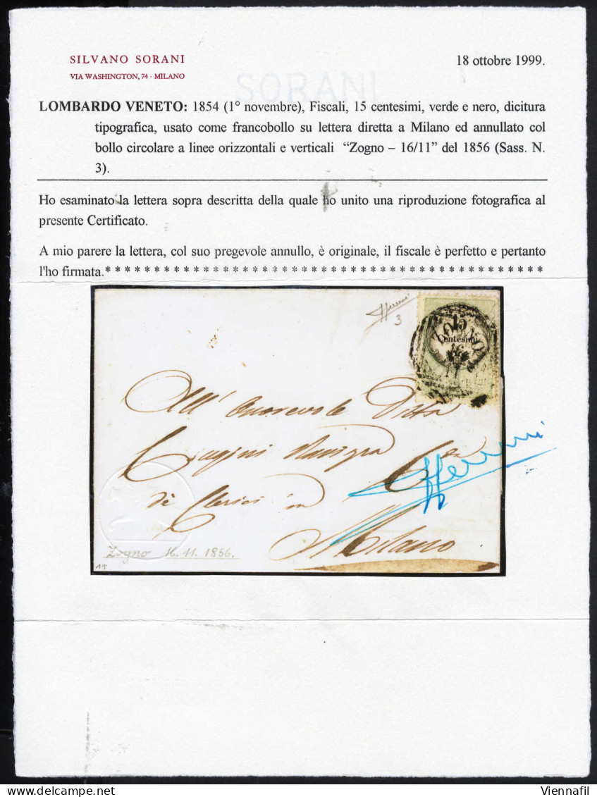 Cover Zogno, (LOV Punti 11) Lettera Del 16.11.1856 Per Milano Affrancata Con 15 Cent. Verde E Nero Tipografico, Firmata  - Lombardy-Venetia