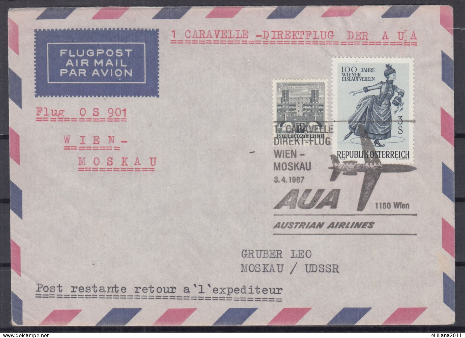 Action !! SALE !! 50 % OFF !! ⁕ Austria 1967 ⁕ Caravelle Direct Flight O S 901 Vienna - Moscow ⁕ Airmail Cover - Briefe U. Dokumente