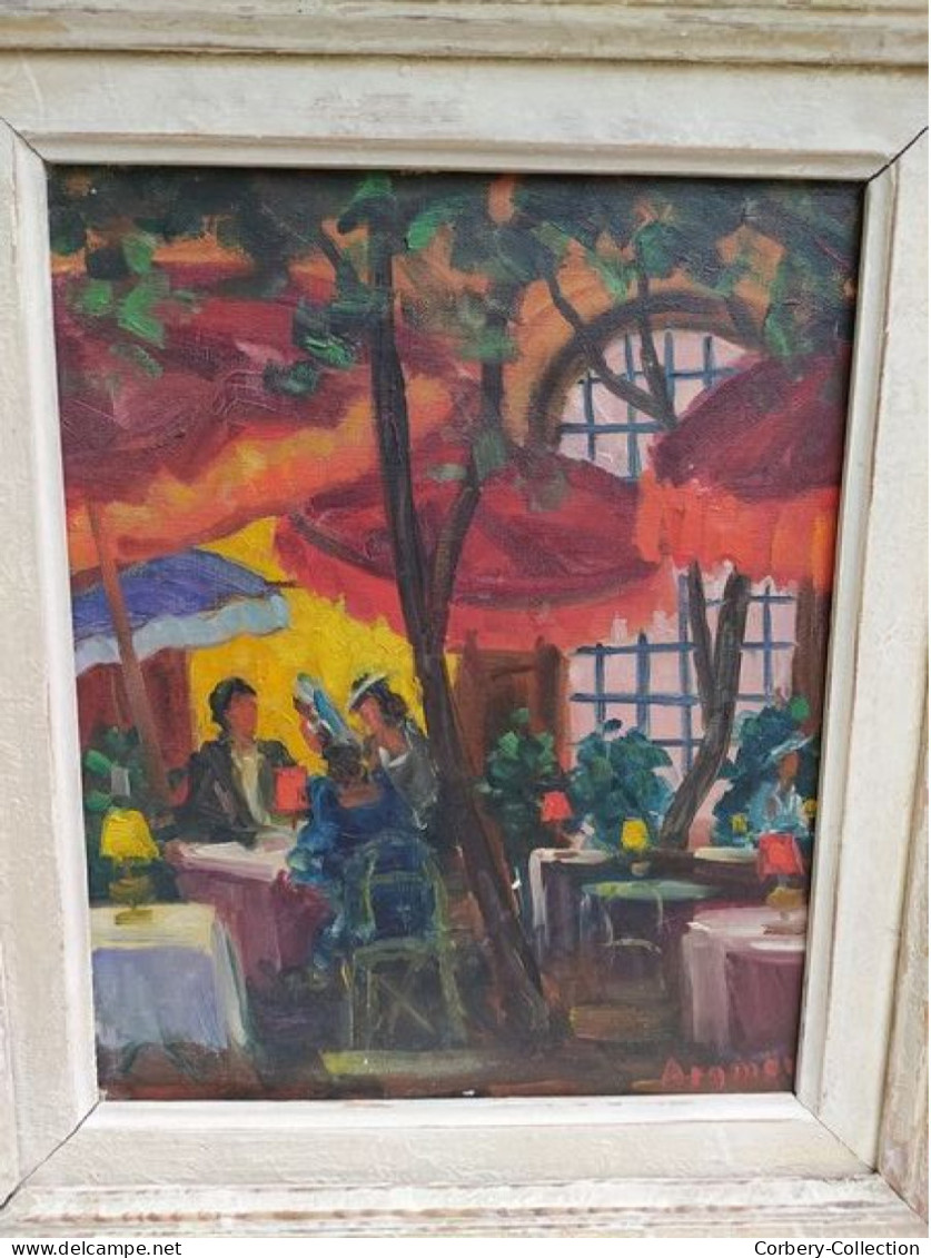 Ancien Tableau Terrasse de Restaurant Animée Fauvisme Signé
