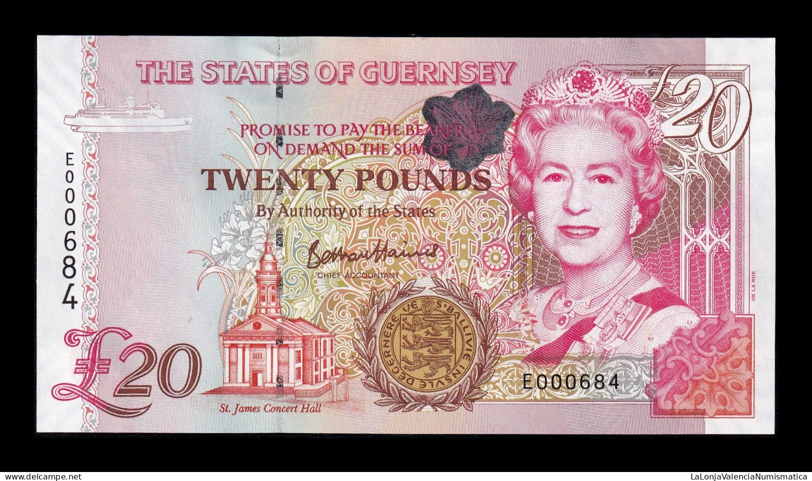 Guernsey 20 Pounds Elizabeth II ND (1996-2023) Pick 58c Low Serial Sc Unc - Guernsey