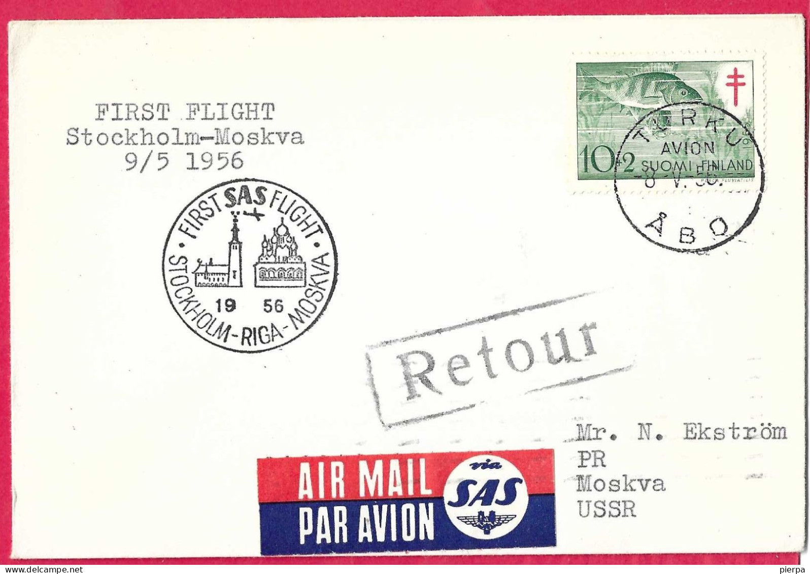 SVERIGE - FIRST FLIGHT SAS  FROM STOCKHOLM TO MOSKVA *9.5.1956* ON OFFICIAL COVER FROM FINLAND - Storia Postale