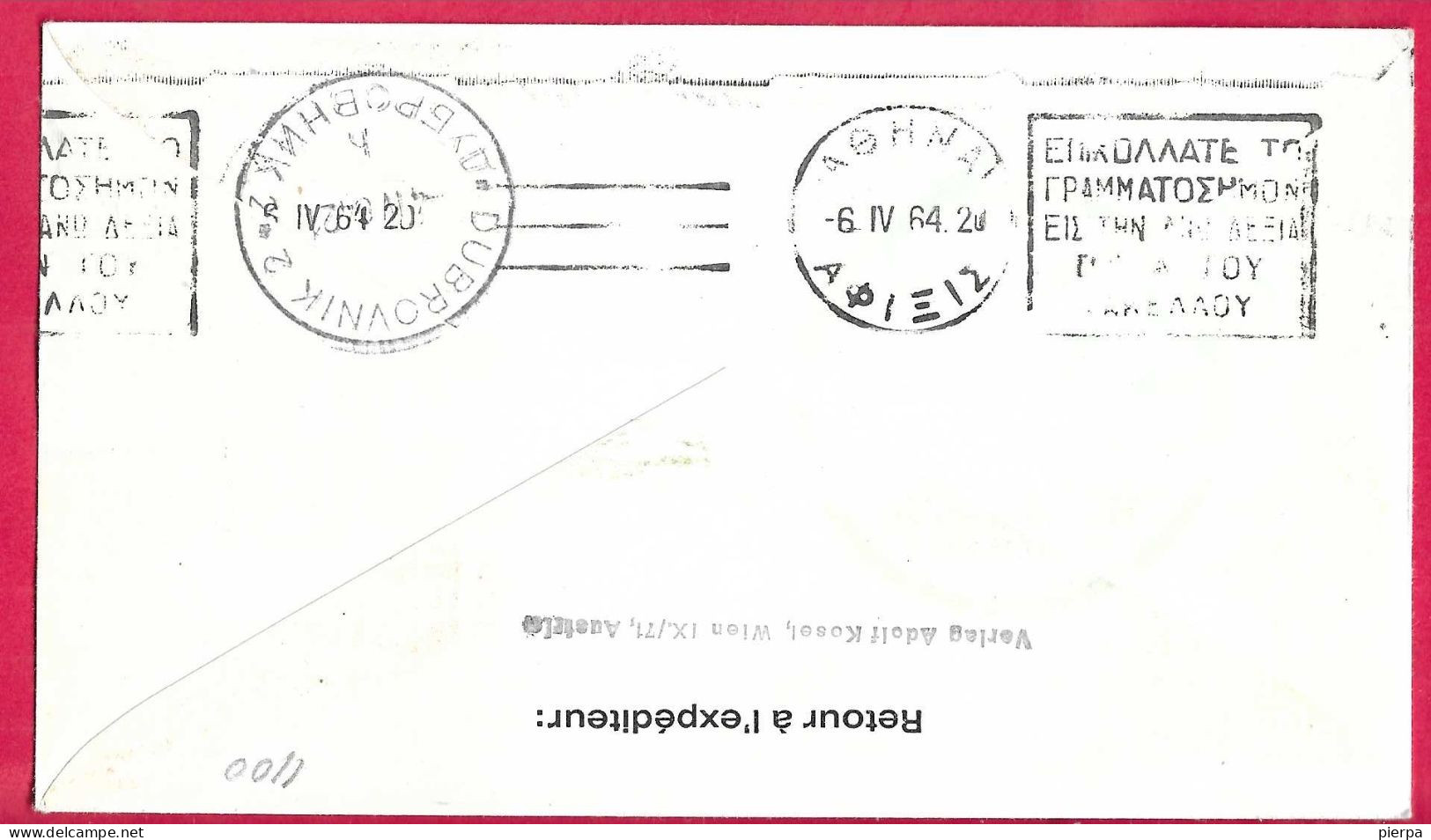 AUSTRIA - FIRST CARAVELLE FLIGHT AUA FROM WIEN/DUBROVNIK TO ATHENS *4.4.1964* ON OFFICIAL COVER - Erst- U. Sonderflugbriefe
