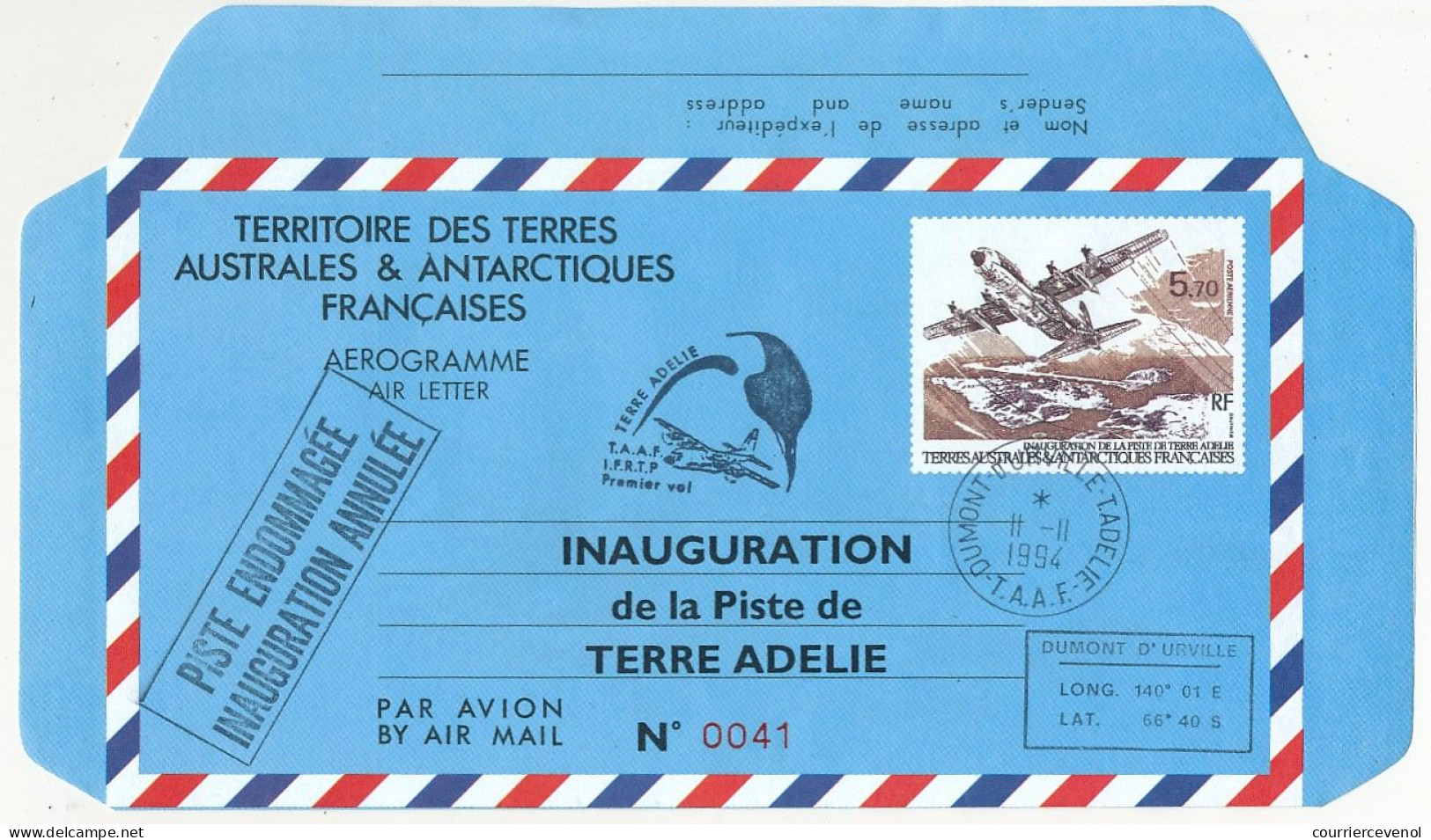 TAAF - Aérogramme 5,70 Inauguration De La Piste De Terre Adélie - Dumont D'Urville T. Adélie 11/11/1994 - Repiquage - Cartas & Documentos