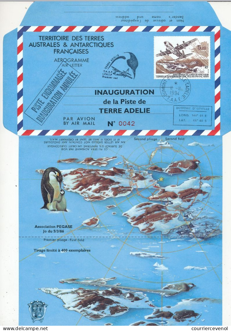 TAAF - Aérogramme 5,70 Inauguration De La Piste De Terre Adélie - Dumont D'Urville T. Adélie 11/11/1994 - Repiquage - Cartas & Documentos