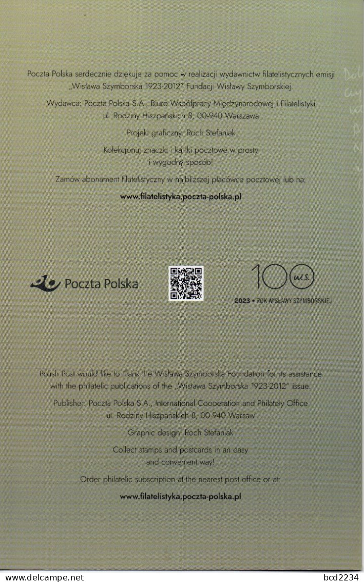 POLAND 2023 POLISH POST OFFICE LIMITED EDITION FOLDER: WISLAWA SZYMBORSKA NOBEL PRIZE WINNER LITERATURE POET WRITER - Covers & Documents
