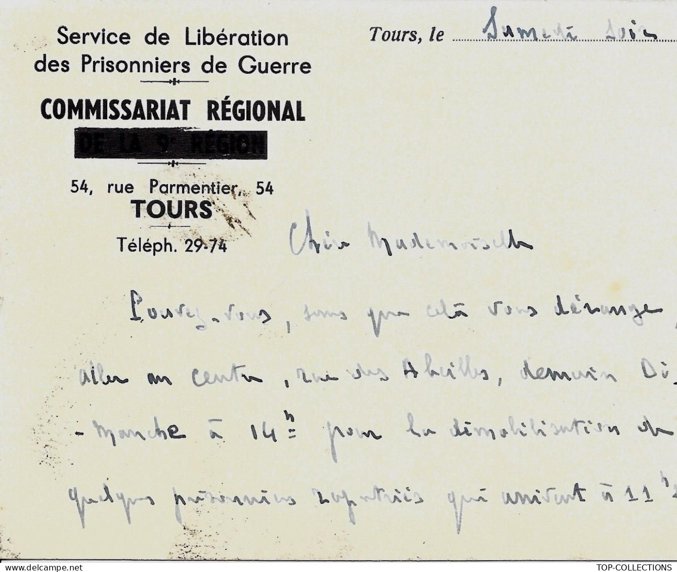 F.6744  GUERRE 1939 1945  WORLD WAR 2PRISONNIERS DE GUERRE LIBERATION ADMINISTRATION TOURS V.HISTORIQUE - Historical Documents