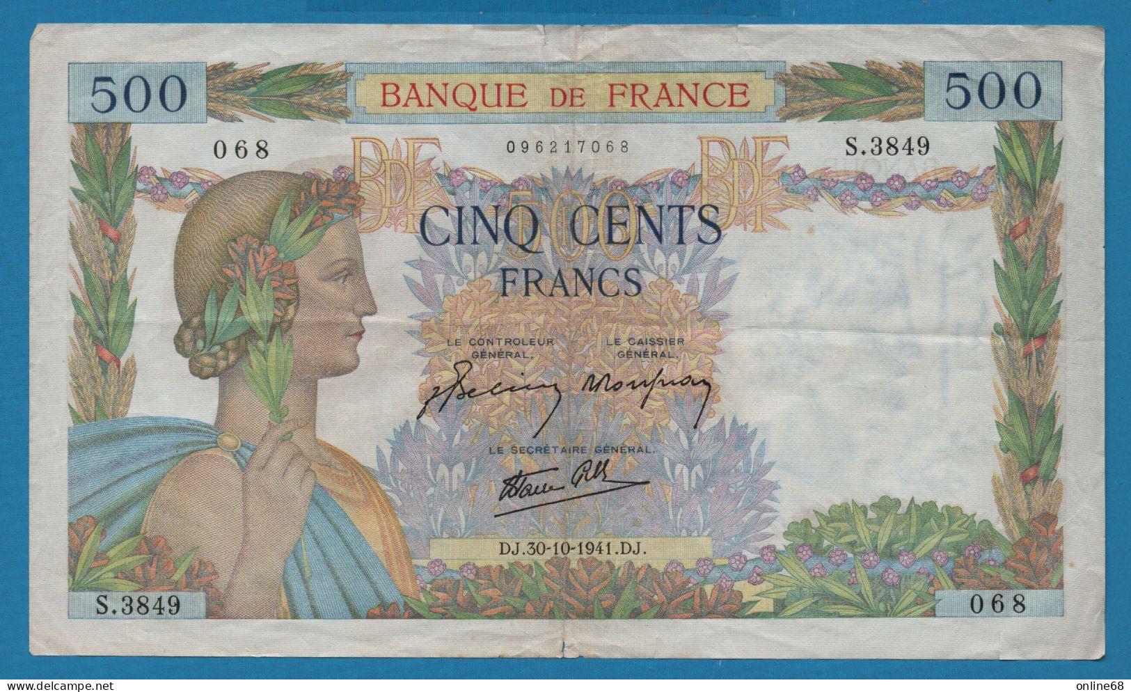 FRANCE 500 FRANCS 30.10.1941 # S.3849 F#32/23, P#95b La Paix - 500 F 1940-1944 ''La Paix''