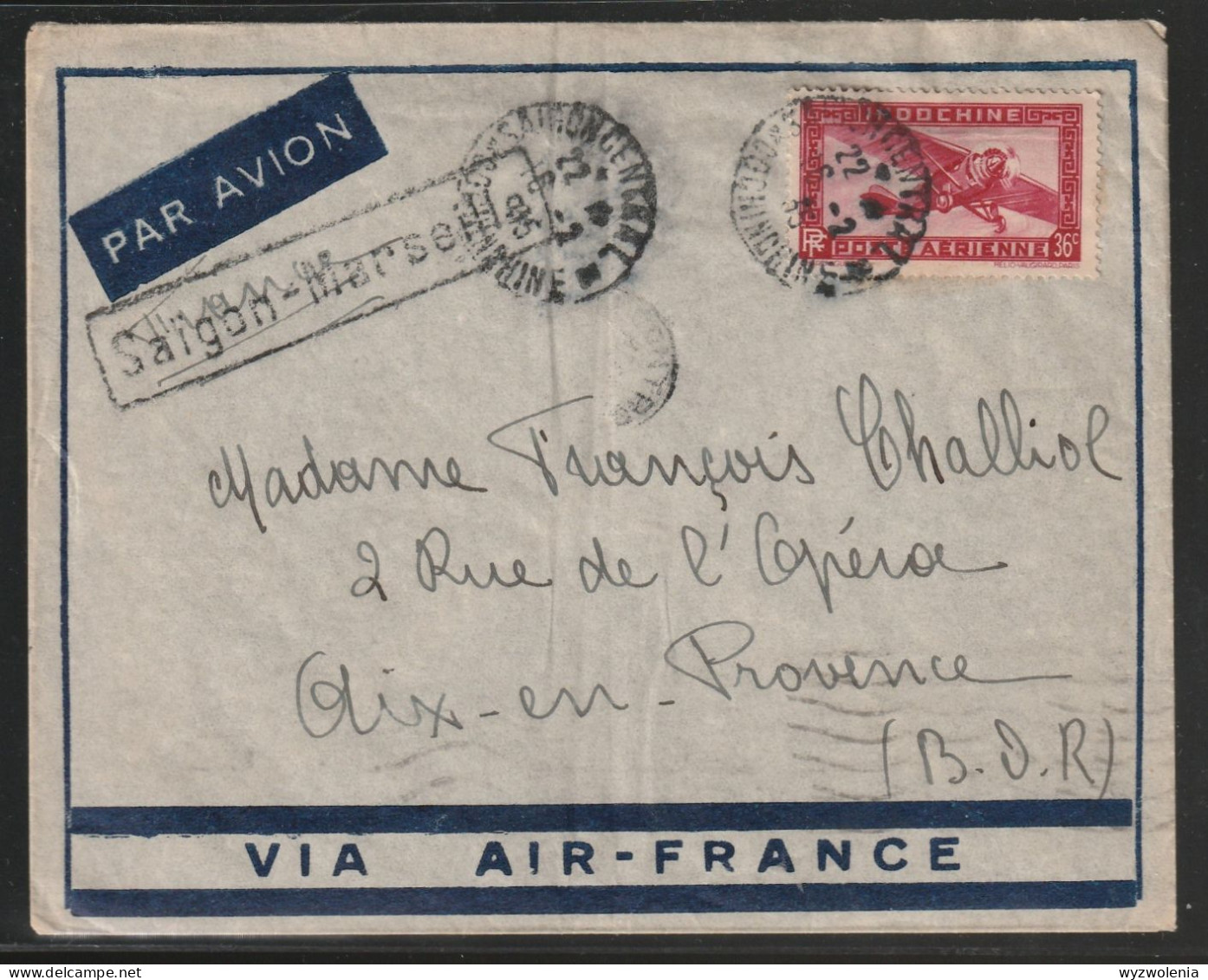 H 935) Indochina 1935 Mi# 191 EF: Cochinchine Saigon - Marseille-Aix-en-Provence - Covers & Documents