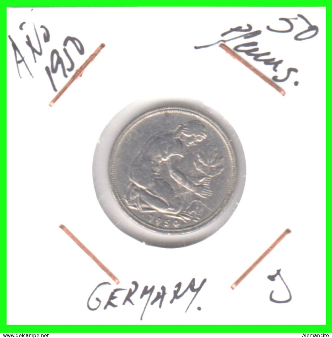 ALEMANIA -DEUTSCHLAND - GERMANY-MONEDA DE LA REPUBLICA FEDERAL DE ALEMANIA DE 50 Pfn-DEL AÑO - 1950 - CECA - J - HAMBURG - 50 Pfennig