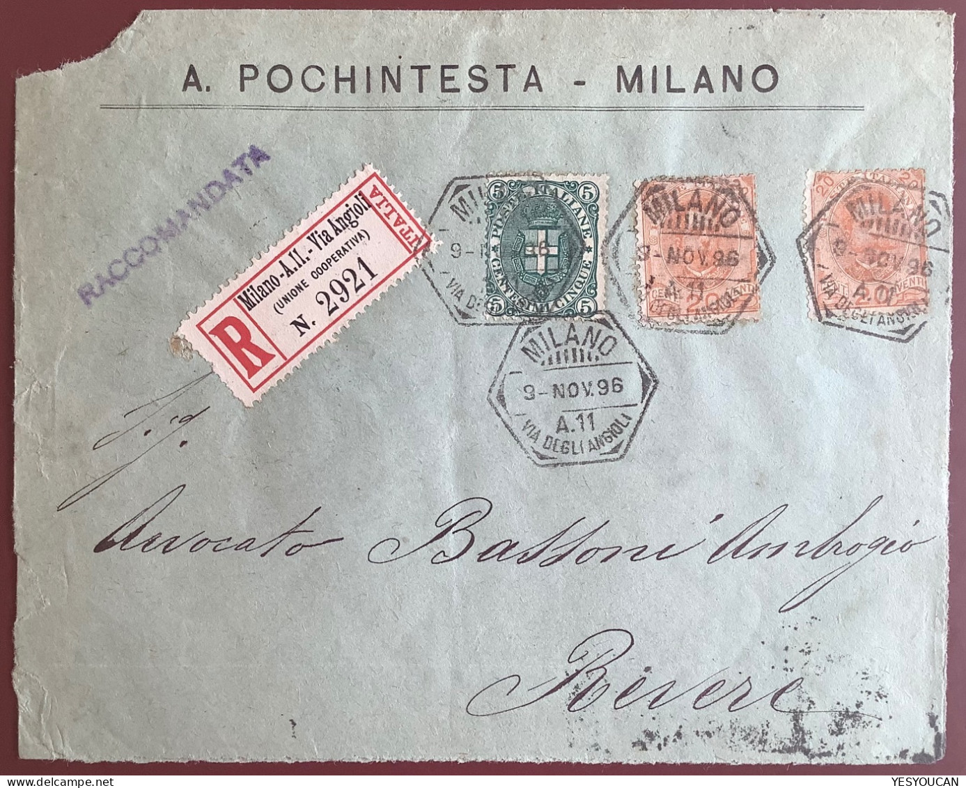 RR ! RACCOMANDATA Agenzie Postali MILANO A11 VIA ANGIOLI/UNIONE COOPERATIVA 1896 Lettera Italia Umberto (angels Anges - Marcophilie