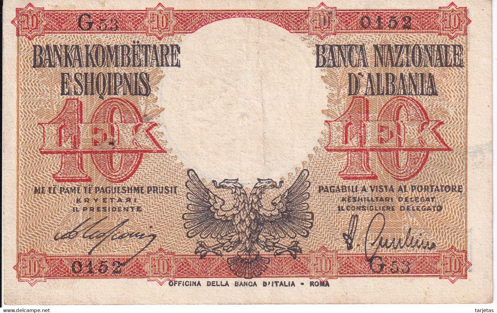 BILLETE DE ALBANIA DE 10 LEK DEL AÑO 1940 (BANKNOTE) - Albanien